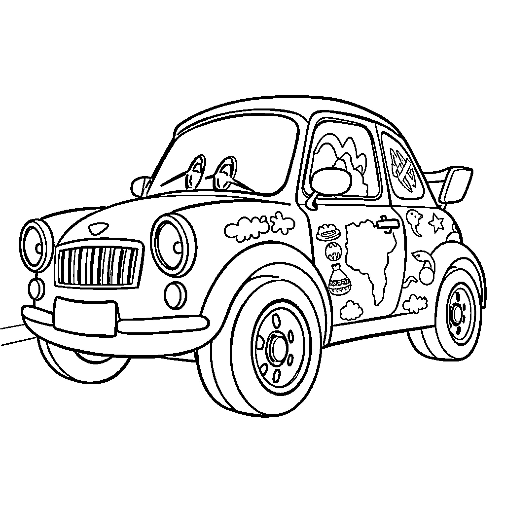 Car with Whimsical Decorations Coloring Page (free black-and-white line drawing printable PDF for all, from beginners to advanced learners, including children, teens, adults, and seniors)