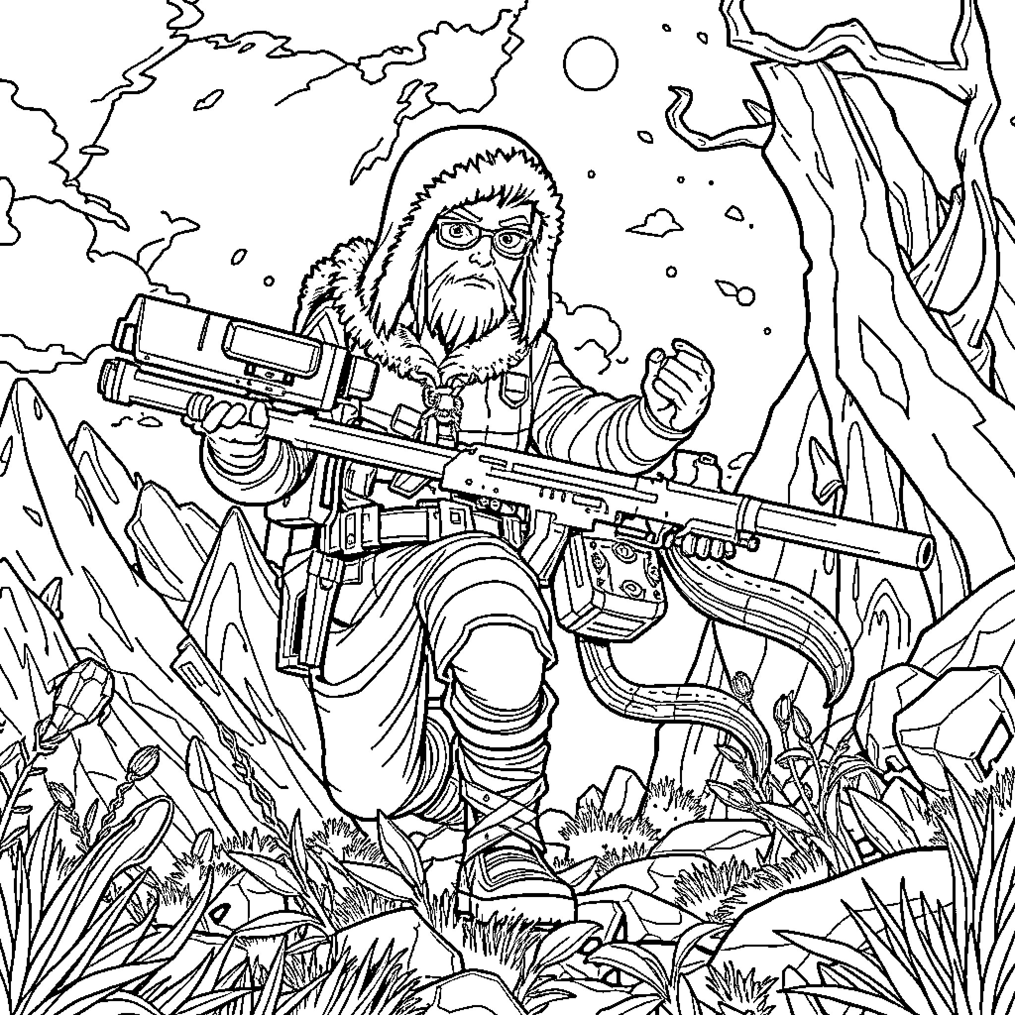 Huntrix in an Arctic Battlescape Coloring Page (free black-and-white line drawing printable PDF for all, from beginners to advanced learners, including children, teens, adults, and seniors)