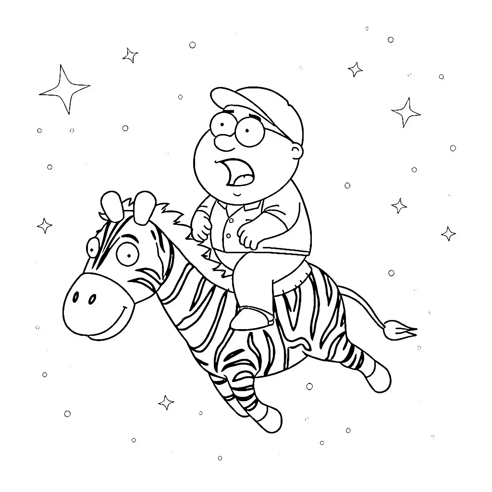 Cartman riding a zebra in the starry night Coloring Page (free black-and-white line drawing printable PDF for all, from beginners to advanced learners, including children, teens, adults, and seniors)