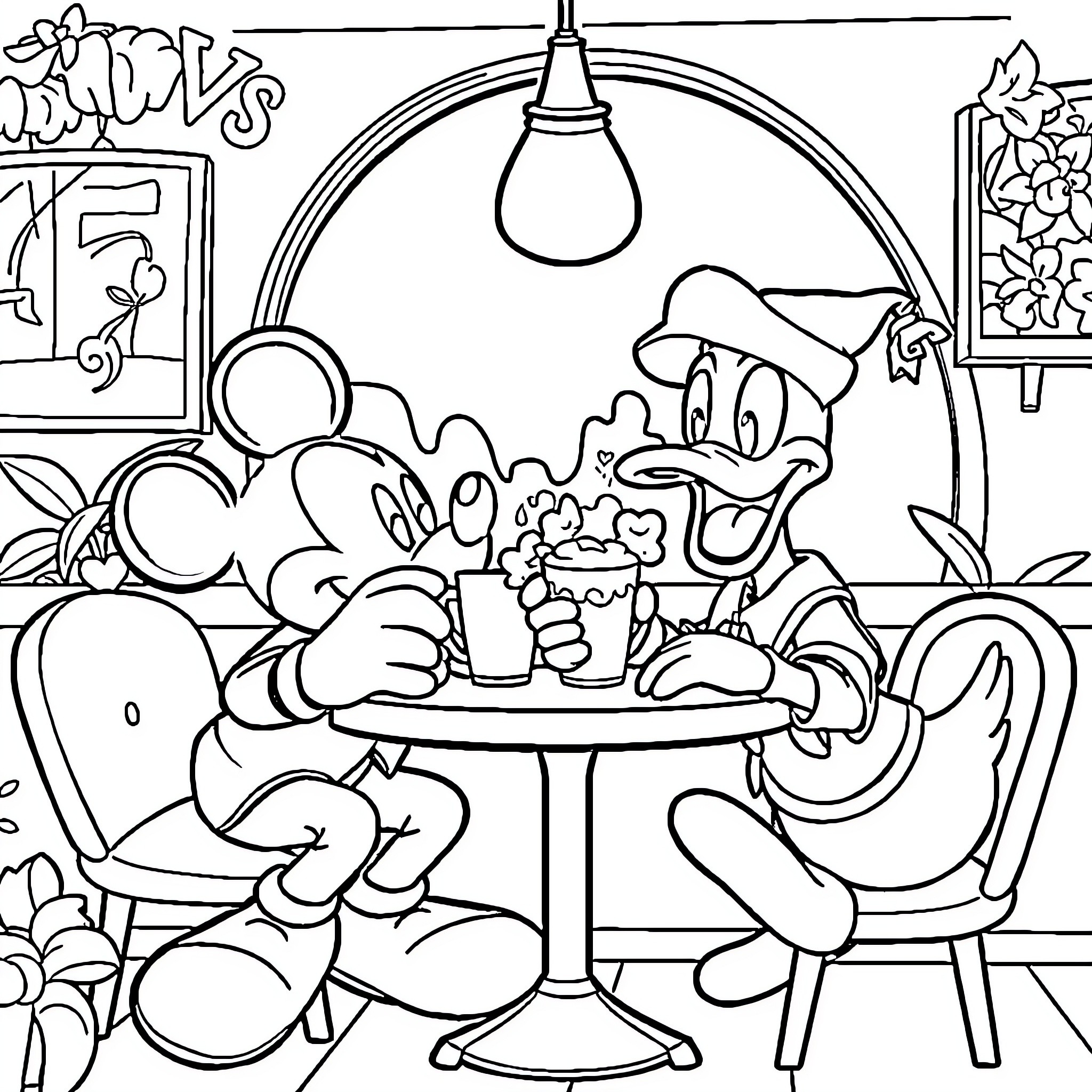 Mickey and Friends Enjoying a Cozy Cafe Scene Coloring Page (free black-and-white line drawing printable PDF for all, from beginners to advanced learners, including children, teens, adults, and seniors)