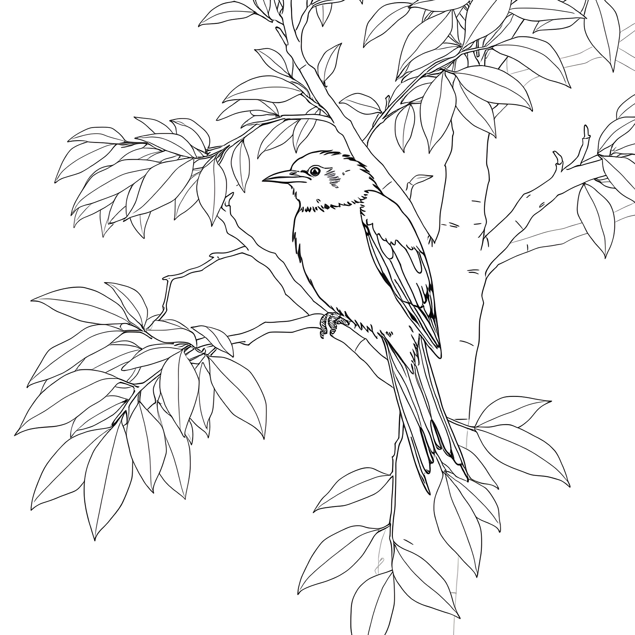 Passerina bird perched on leafy branch Coloring Page (free black-and-white line drawing printable PDF for all, from beginners to advanced learners, including children, teens, adults, and seniors)