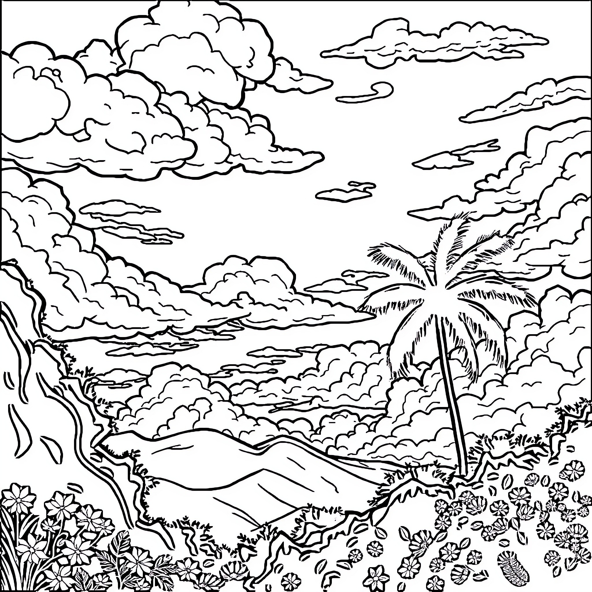 Sunset landscape with palm tree and clouds Coloring Page (free black-and-white line drawing printable PDF for all, from beginners to advanced learners, including children, teens, adults, and seniors)
