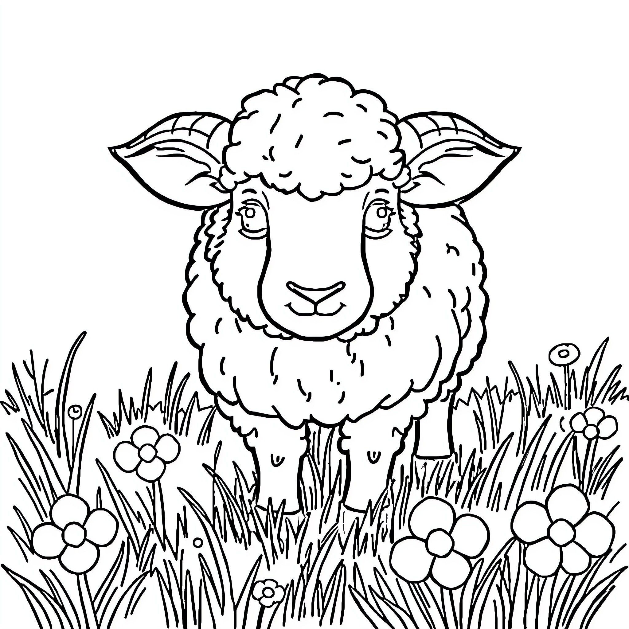 Sheep frolicking amidst wildflowers in the meadow Coloring Page (free black-and-white line drawing printable PDF for all, from beginners to advanced learners, including children, teens, adults, and seniors)