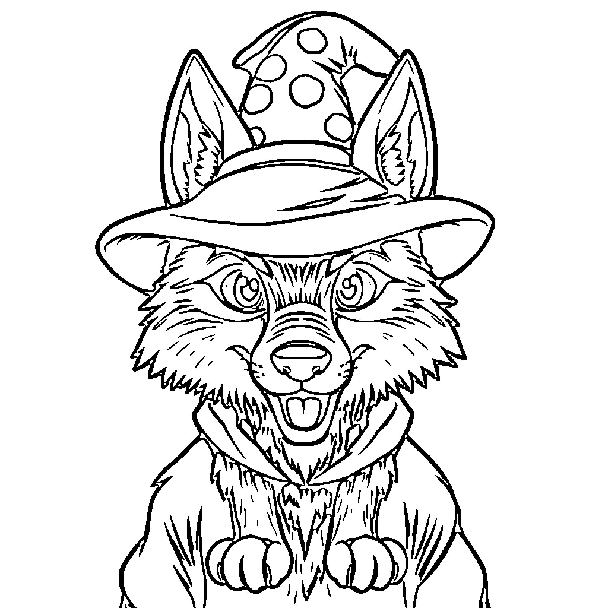 Wolf with a Spotted Hat Grinning Coloring Page (free black-and-white line drawing printable PDF for all, from beginners to advanced learners, including children, teens, adults, and seniors)