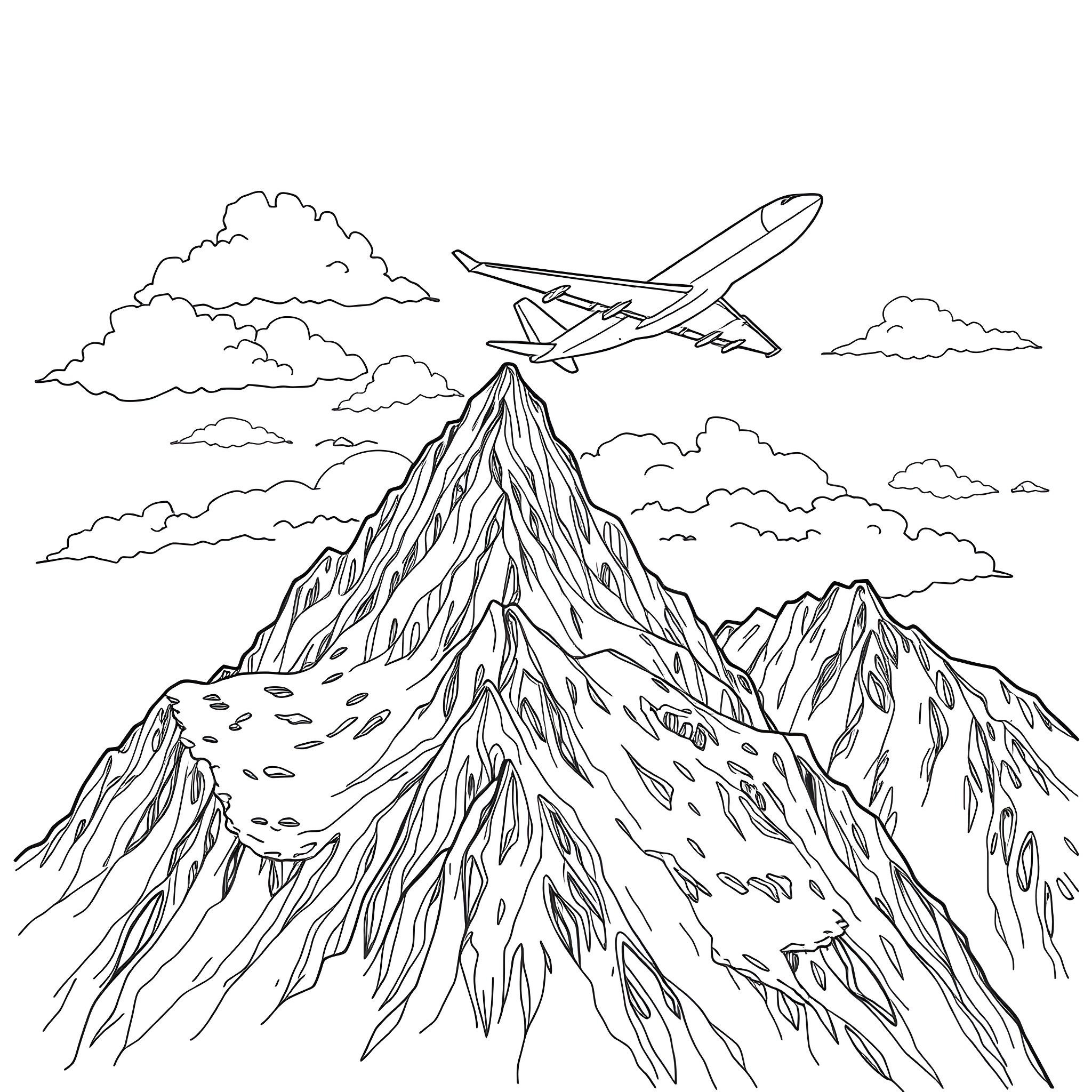 Airplane flying over majestic mountain landscape Coloring Page (free black-and-white line drawing printable PDF for all, from beginners to advanced learners, including children, teens, adults, and seniors)