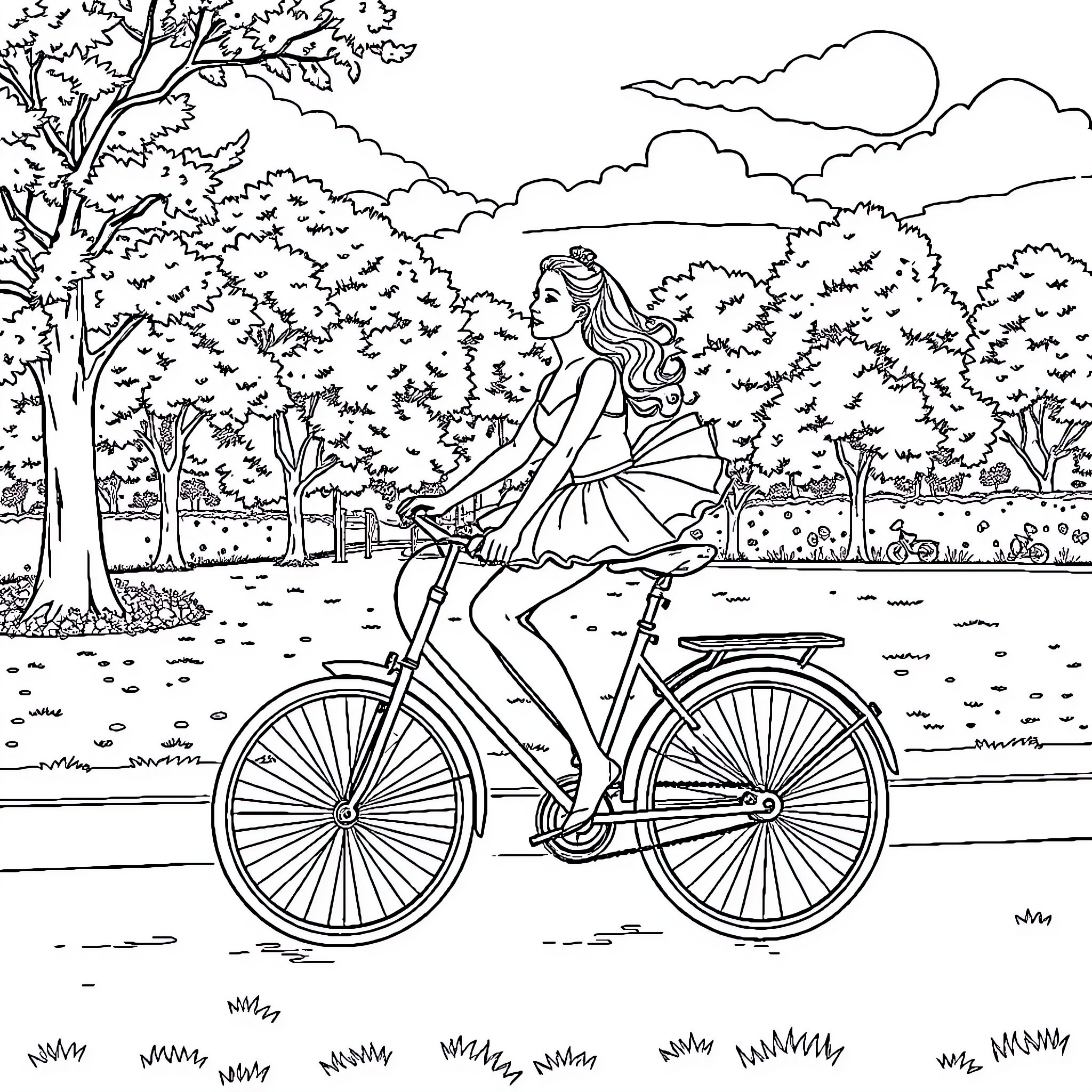 Ballerina Rides Bicycle Through Serene Landscape Coloring Page (free black-and-white line drawing printable PDF for all, from beginners to advanced learners, including children, teens, adults, and seniors)