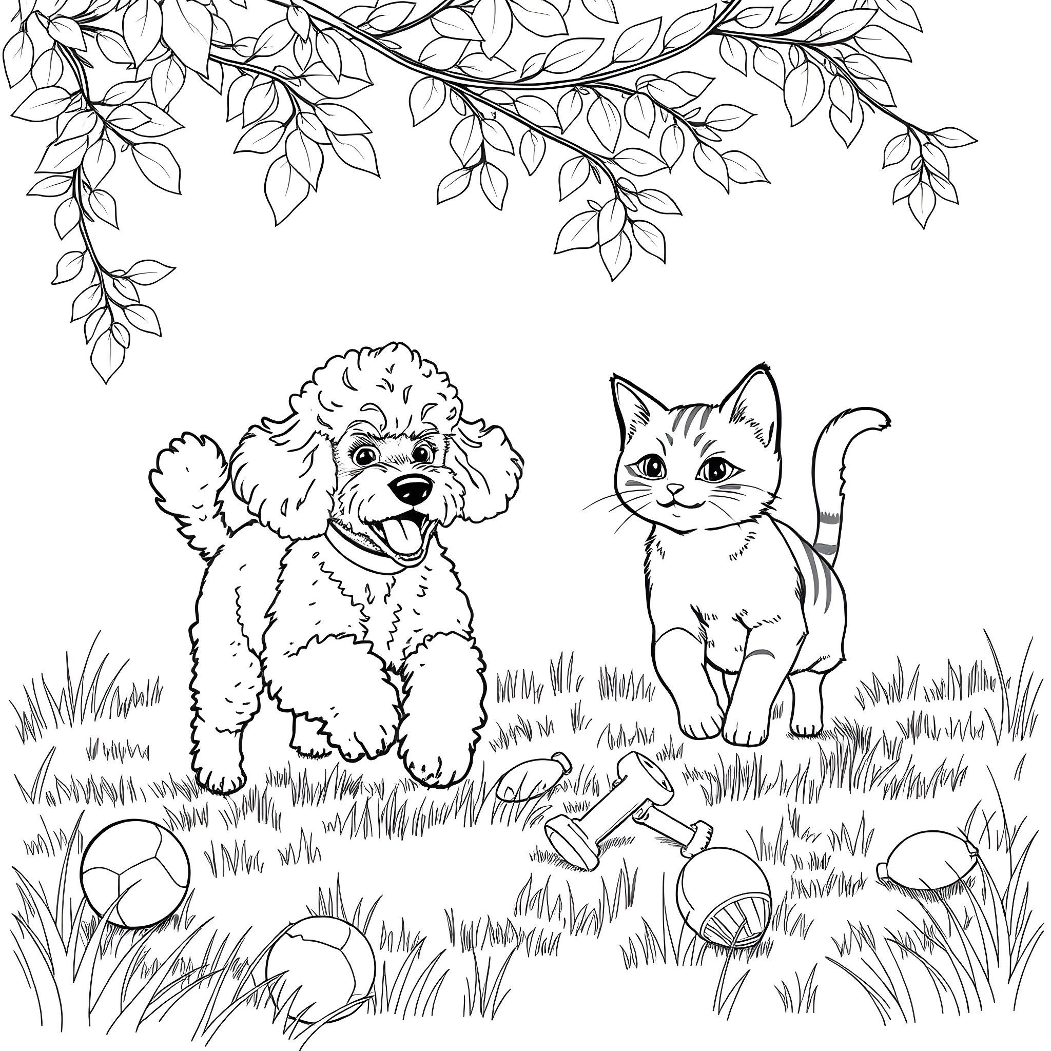 Poodle and cat playing together in nature Coloring Page (free black-and-white line drawing printable PDF for all, from beginners to advanced learners, including children, teens, adults, and seniors)