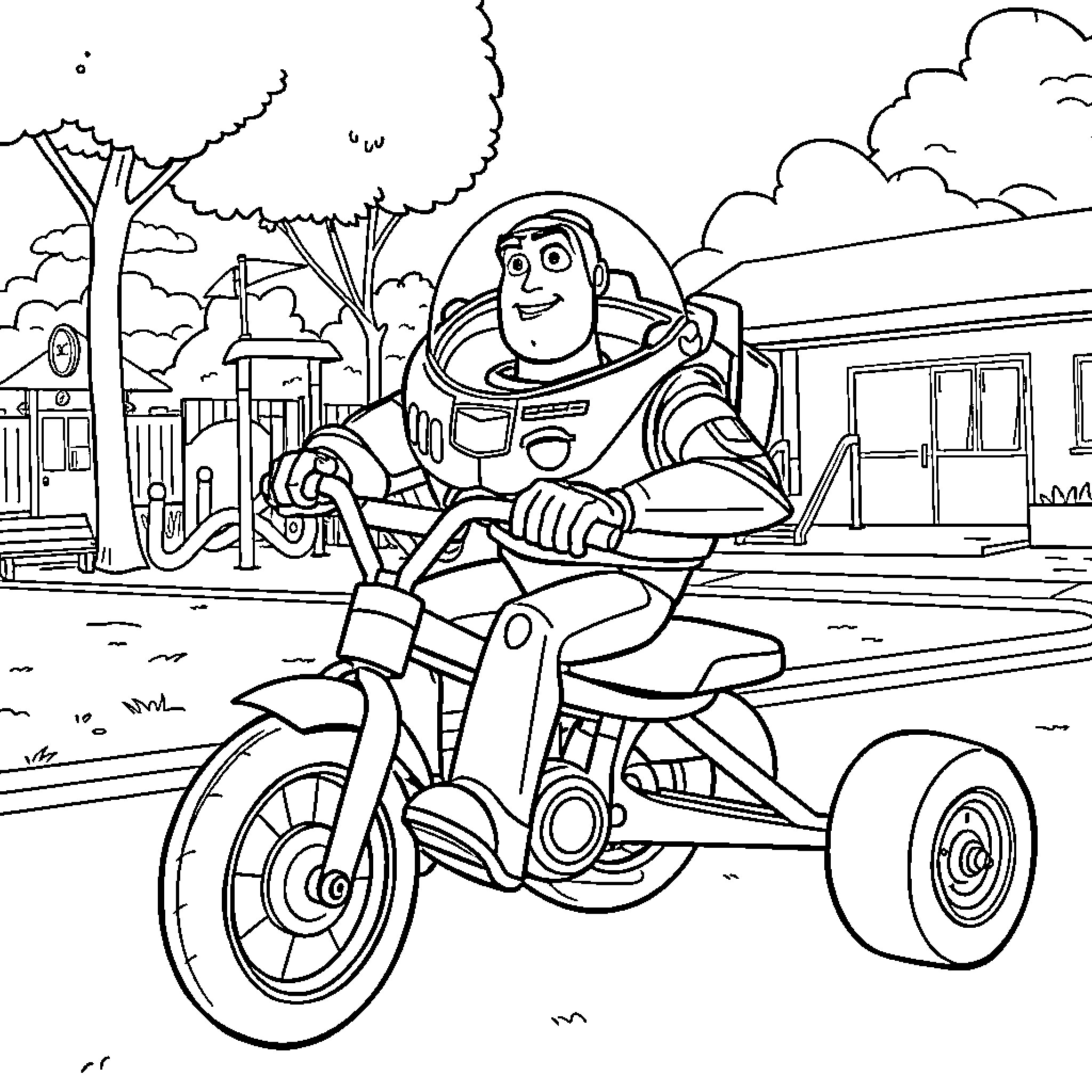Buzz Lightyear riding a tricycle through a city Coloring Page (free black-and-white line drawing printable PDF for all, from beginners to advanced learners, including children, teens, adults, and seniors)