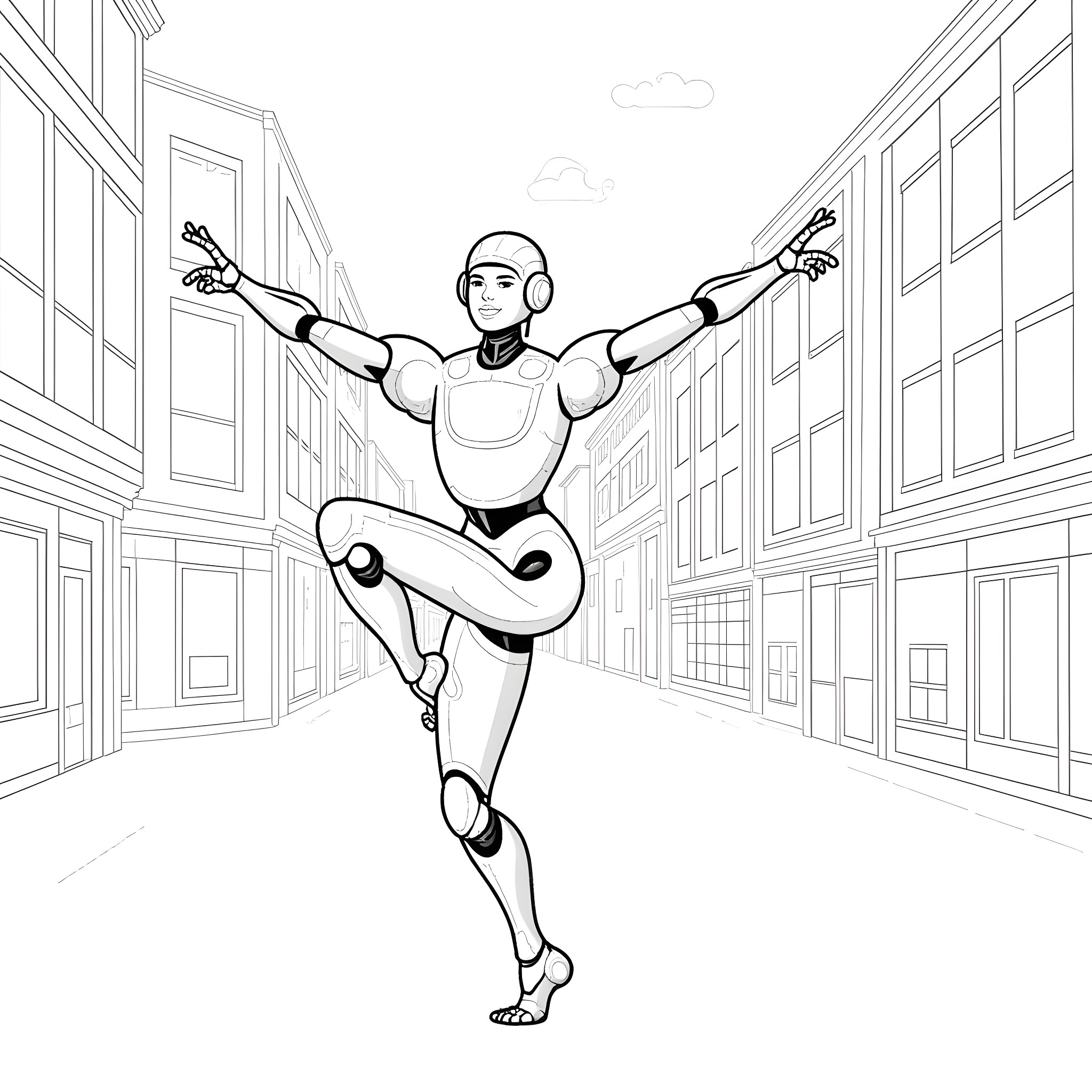 Robot dancer performing gracefully in city street Coloring Page (free black-and-white line drawing printable PDF for all, from beginners to advanced learners, including children, teens, adults, and seniors)