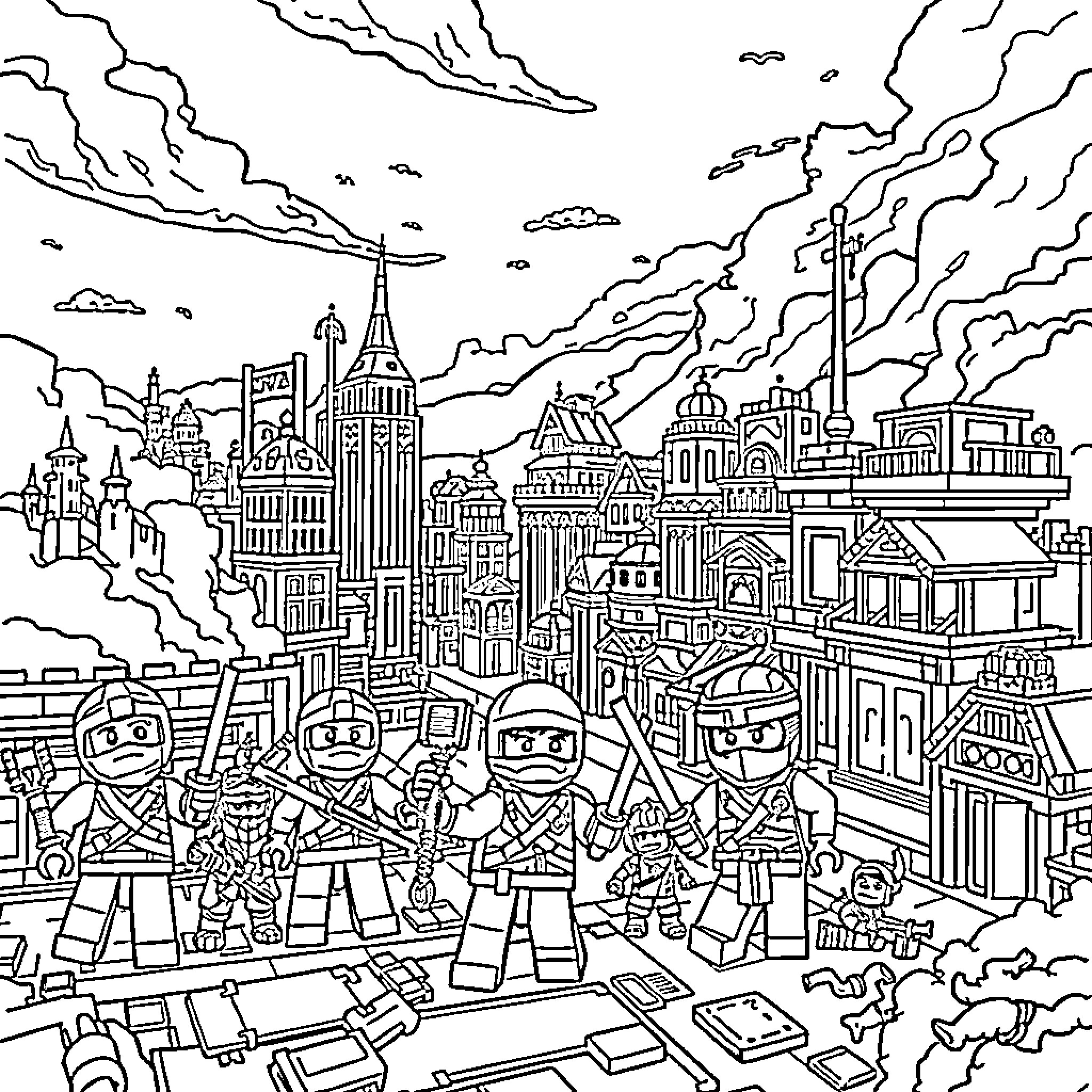 Ninjago characters battle in a bustling city Coloring Page (free black-and-white line drawing printable PDF for all, from beginners to advanced learners, including children, teens, adults, and seniors)