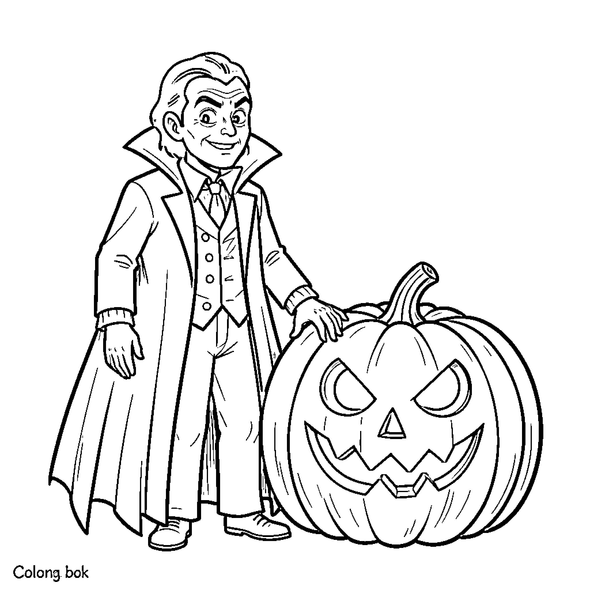 Vampire smiling next to a large carved pumpkin Coloring Page (free black-and-white line drawing printable PDF for all, from beginners to advanced learners, including children, teens, adults, and seniors)