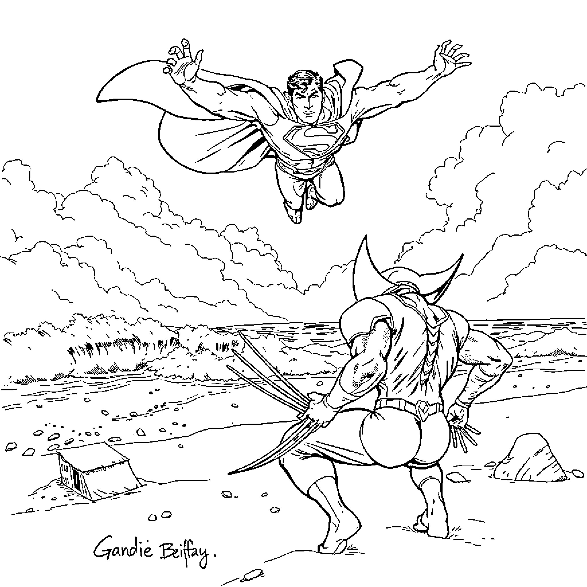 Superman battling a formidable foe in the sky Coloring Page (free black-and-white line drawing printable PDF for all, from beginners to advanced learners, including children, teens, adults, and seniors)