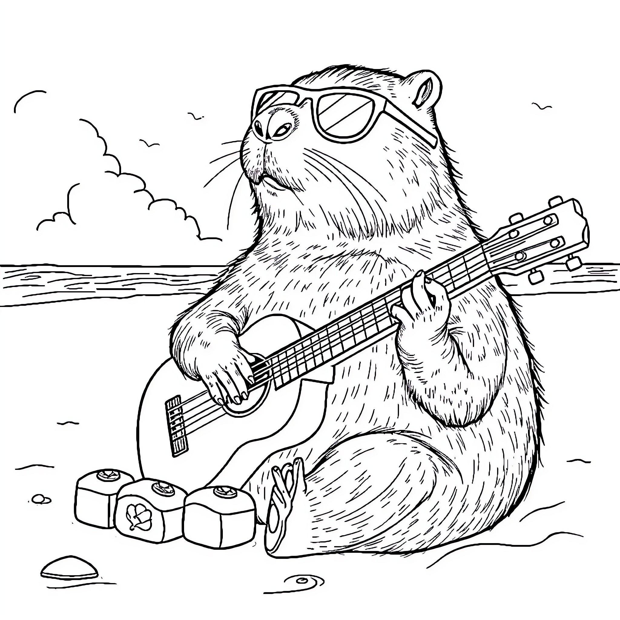 Capybara playing guitar on the beach Coloring Page (free black-and-white line drawing printable PDF for all, from beginners to advanced learners, including children, teens, adults, and seniors)