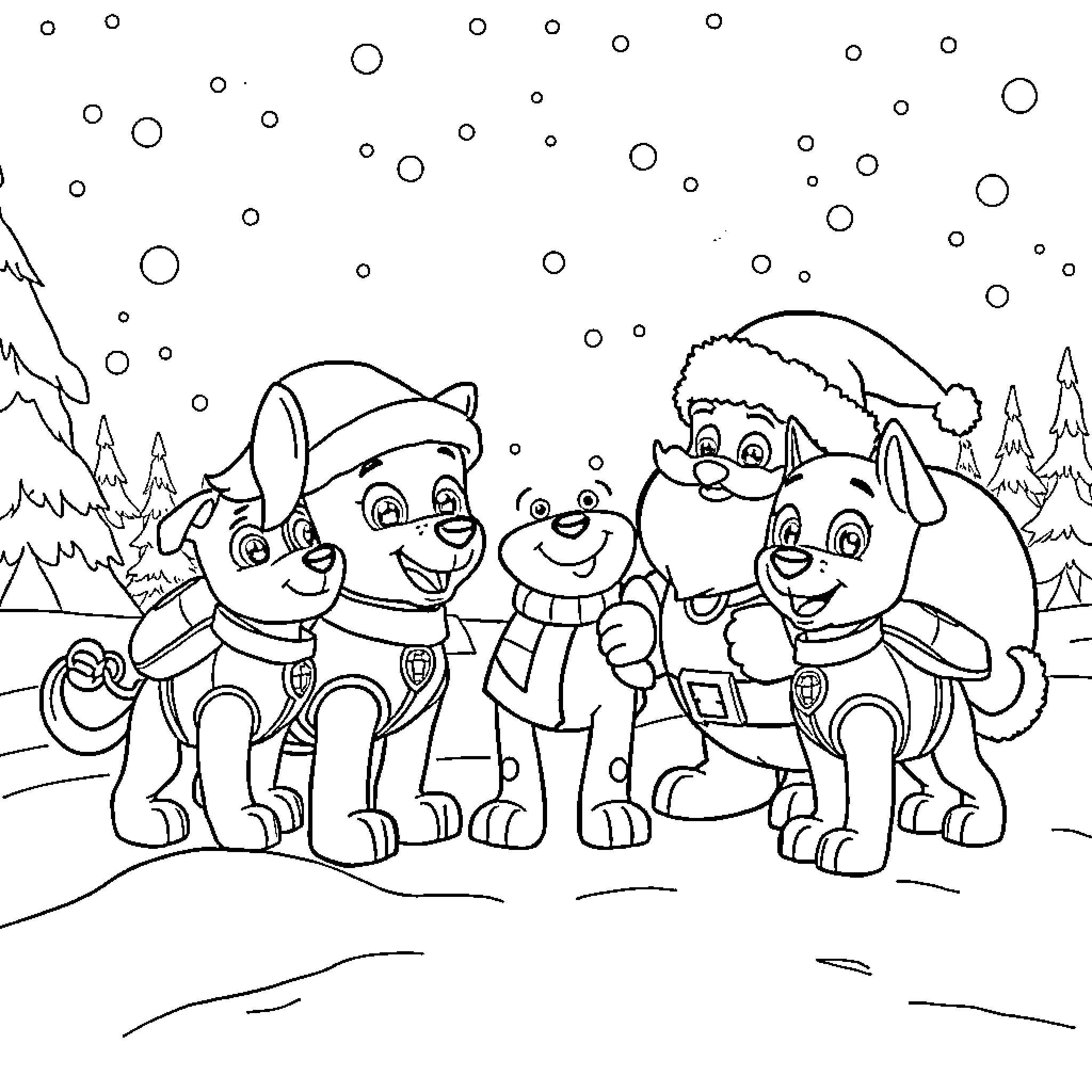Paw Patrol characters in winter wonderland Coloring Page (free black-and-white line drawing printable PDF for all, from beginners to advanced learners, including children, teens, adults, and seniors)