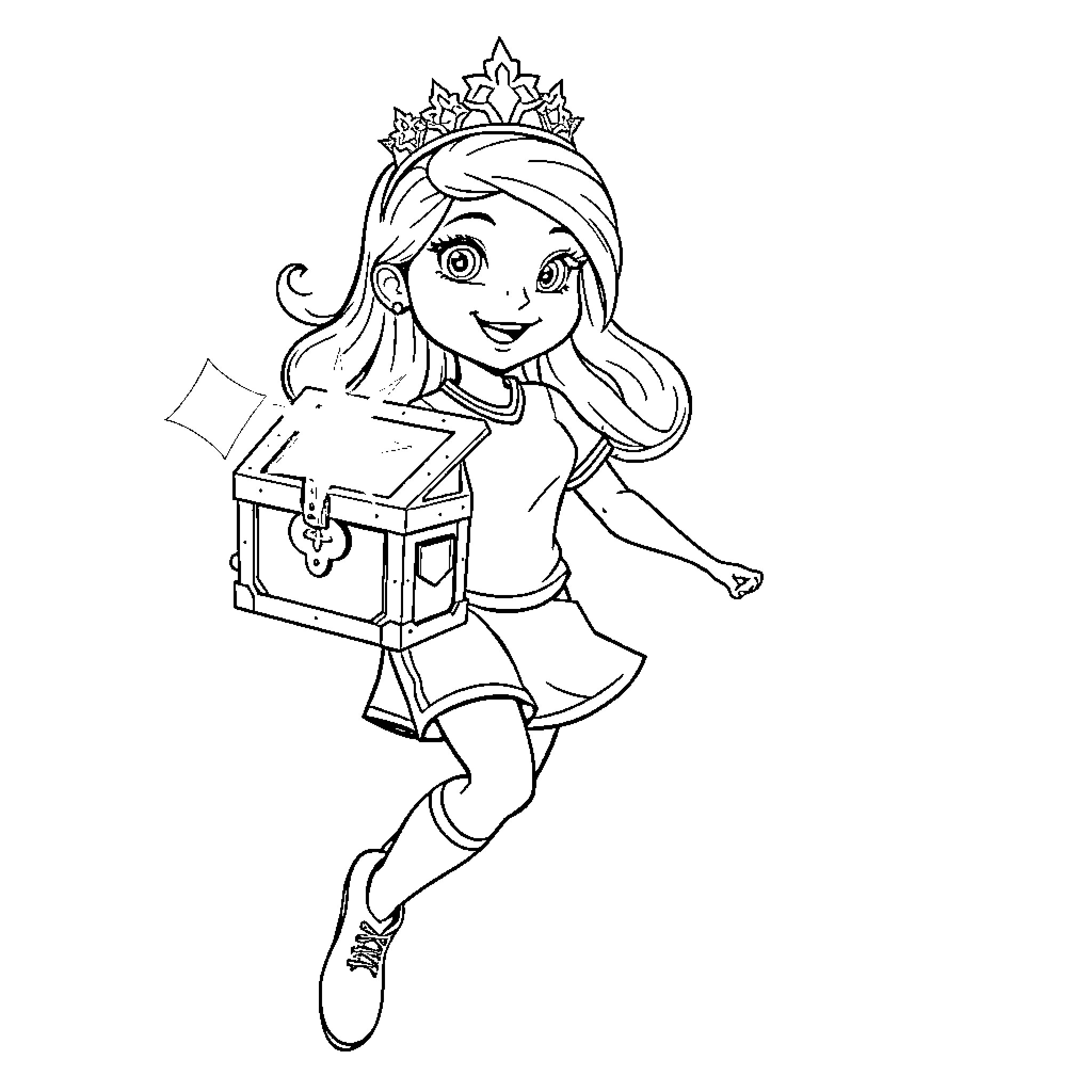 Soccer Player Princess Carrying Treasure Chest Coloring Page (free black-and-white line drawing printable PDF for all, from beginners to advanced learners, including children, teens, adults, and seniors)