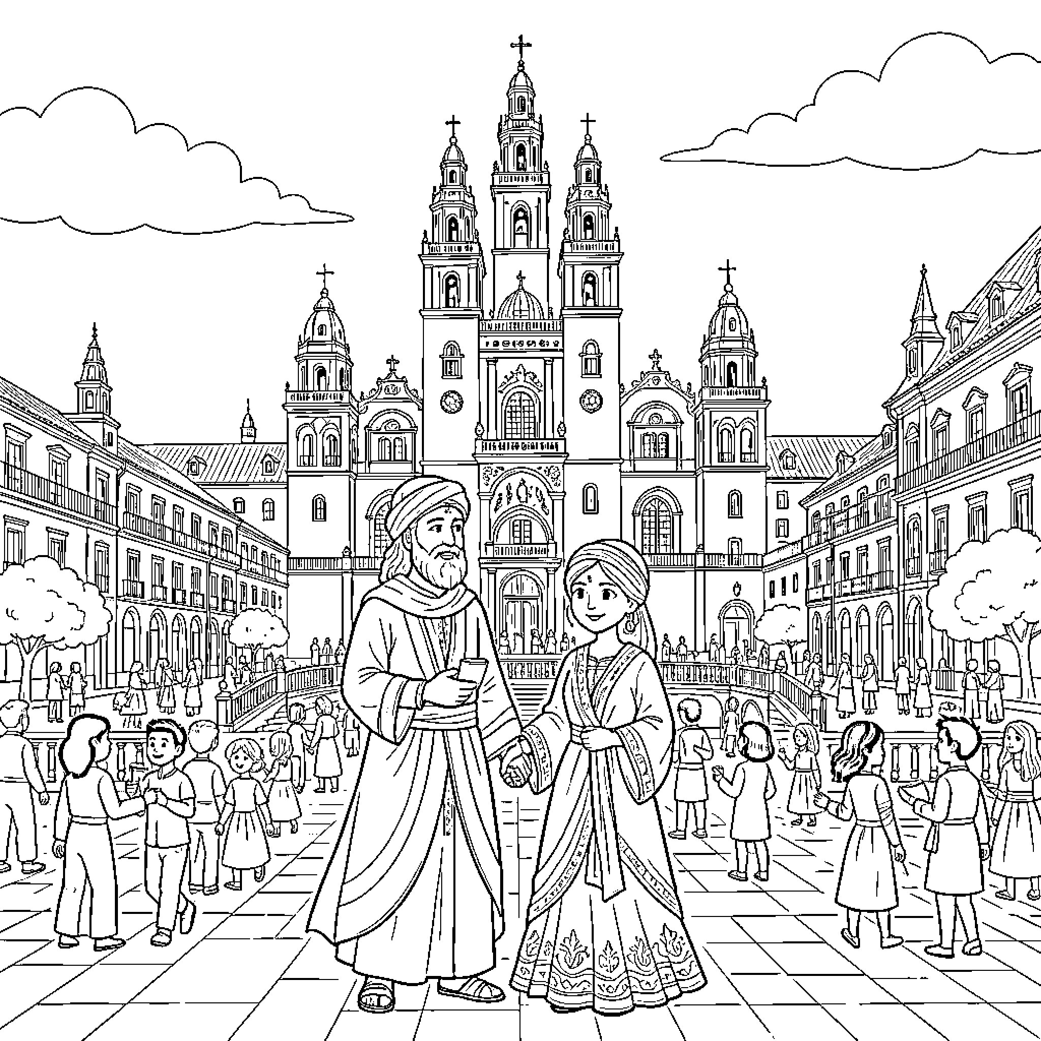 Rumi and companion exploring historic city plaza Coloring Page (free black-and-white line drawing printable PDF for all, from beginners to advanced learners, including children, teens, adults, and seniors)
