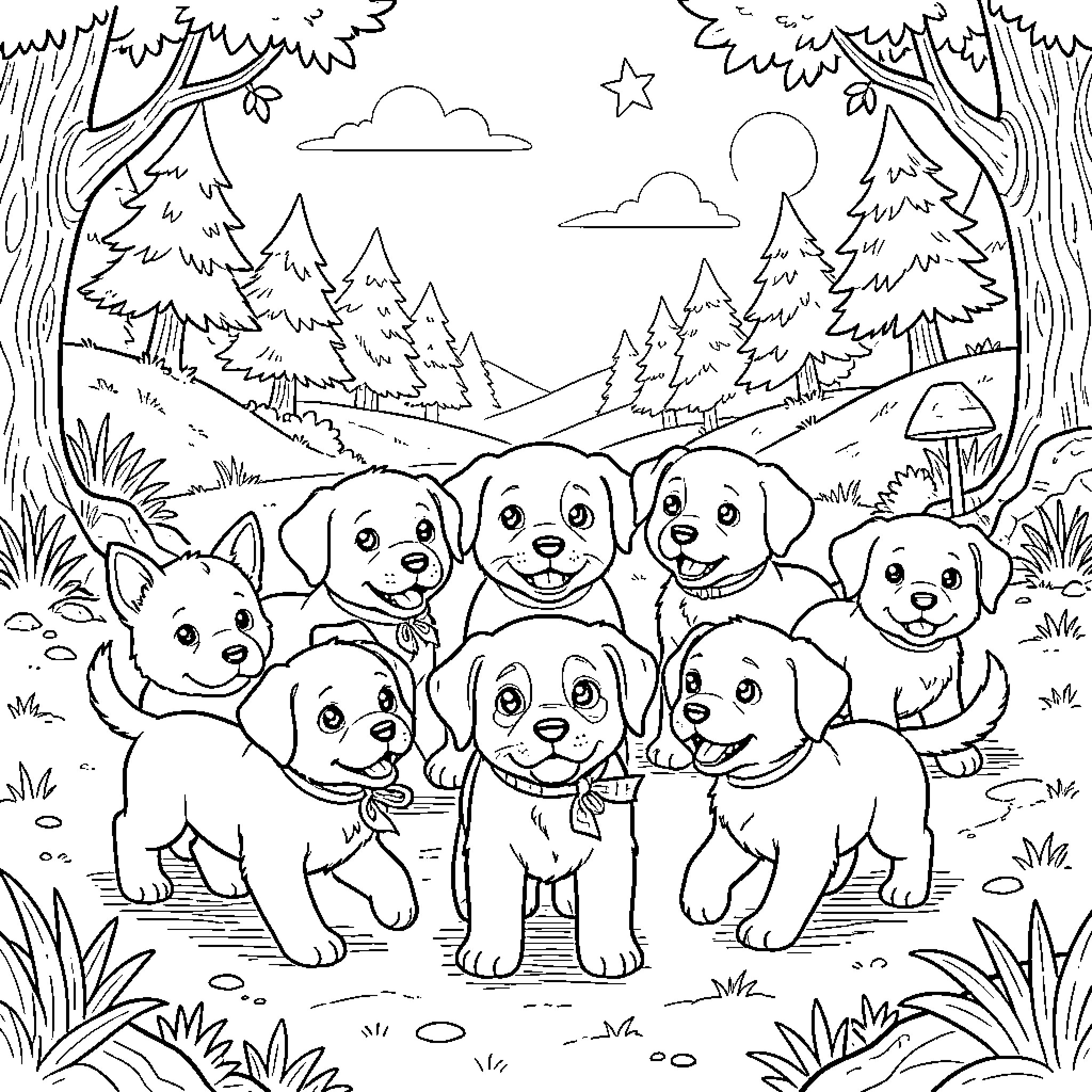 Paw Patrol puppies smiling together in a forest setting Coloring Page (free black-and-white line drawing printable PDF for all, from beginners to advanced learners, including children, teens, adults, and seniors)