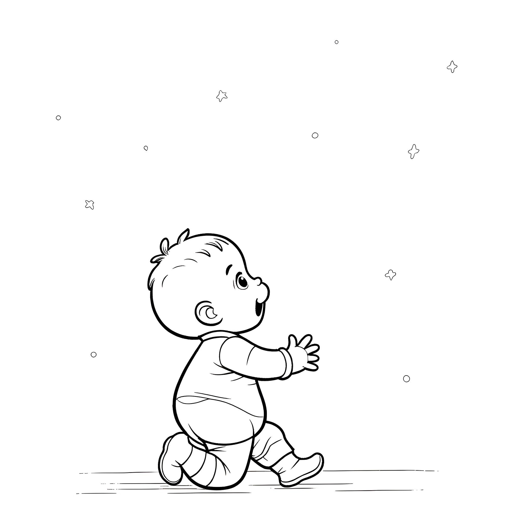 Baby exploring the starry night sky Coloring Page (free black-and-white line drawing printable PDF for all, from beginners to advanced learners, including children, teens, adults, and seniors)