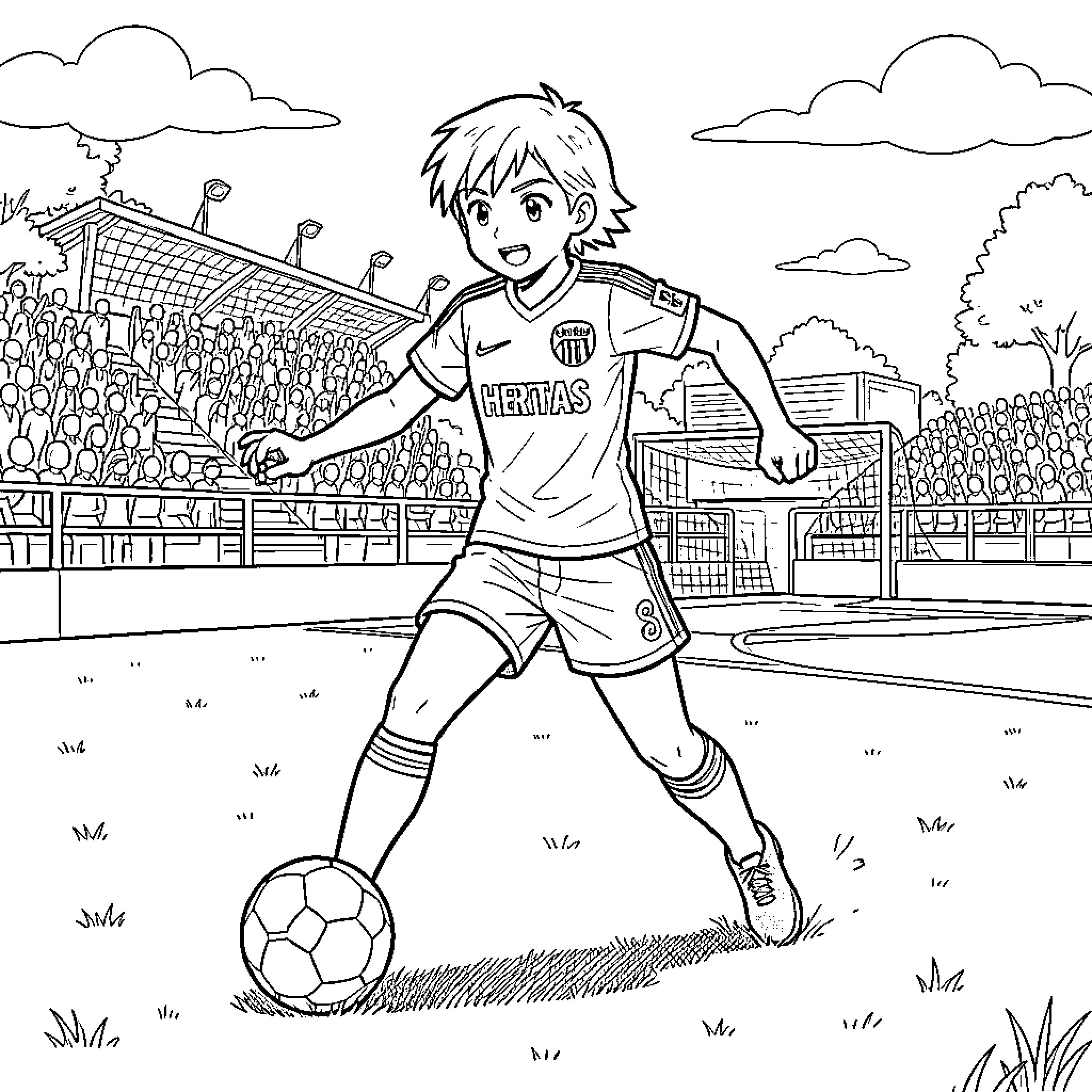 Tsubasa dribbling a soccer ball in a stadium Coloring Page (free black-and-white line drawing printable PDF for all, from beginners to advanced learners, including children, teens, adults, and seniors)