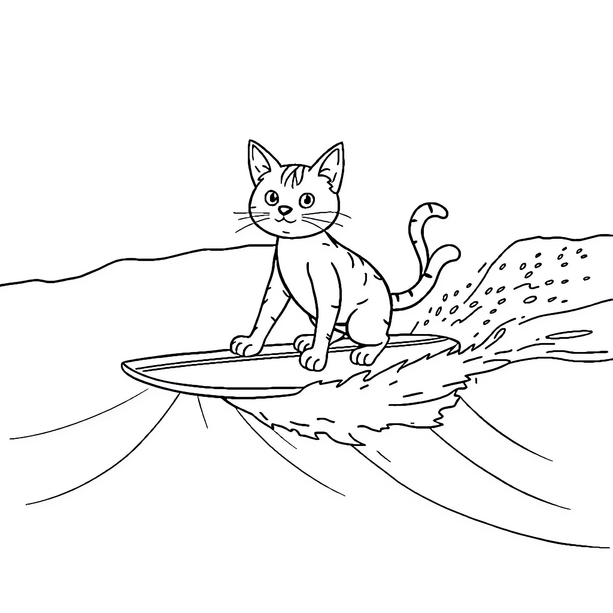 Cat surfing on the waves Coloring Page (free black-and-white line drawing printable PDF for all, from beginners to advanced learners, including children, teens, adults, and seniors)