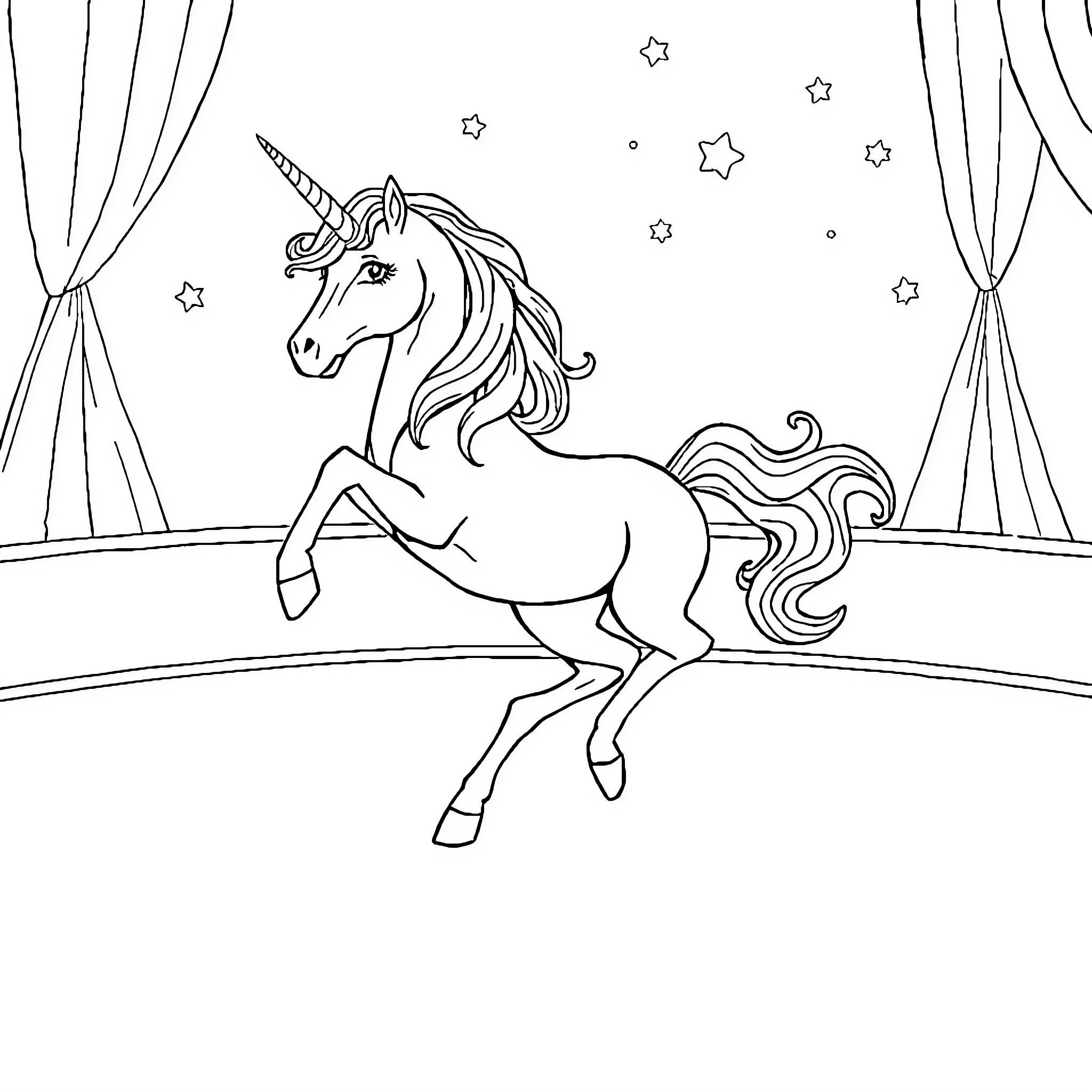 Unicorn galloping through a starry night Coloring Page (free black-and-white line drawing printable PDF for all, from beginners to advanced learners, including children, teens, adults, and seniors)