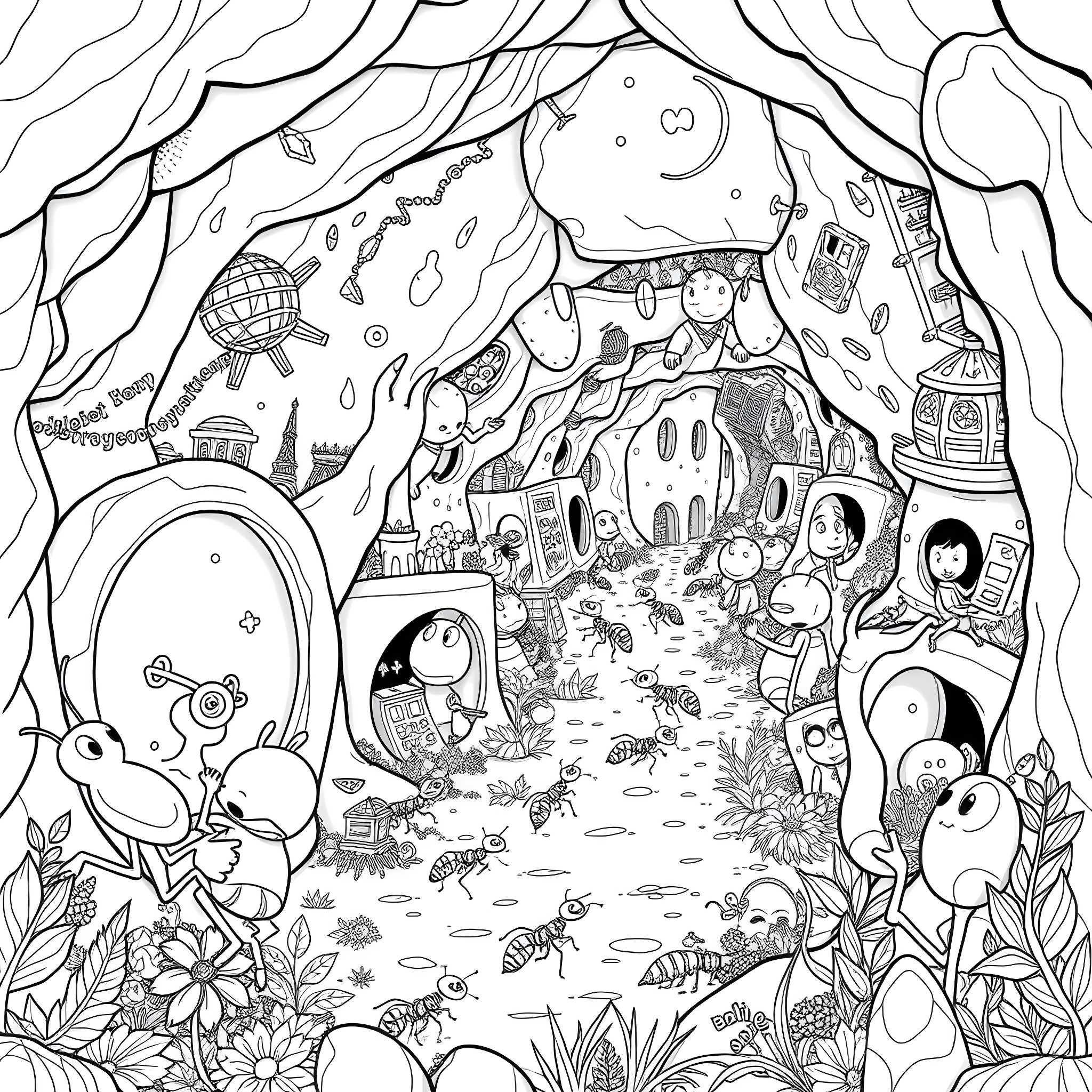 Ant Exploring the Whimsical Underground World Coloring Page (free black-and-white line drawing printable PDF for all, from beginners to advanced learners, including children, teens, adults, and seniors)