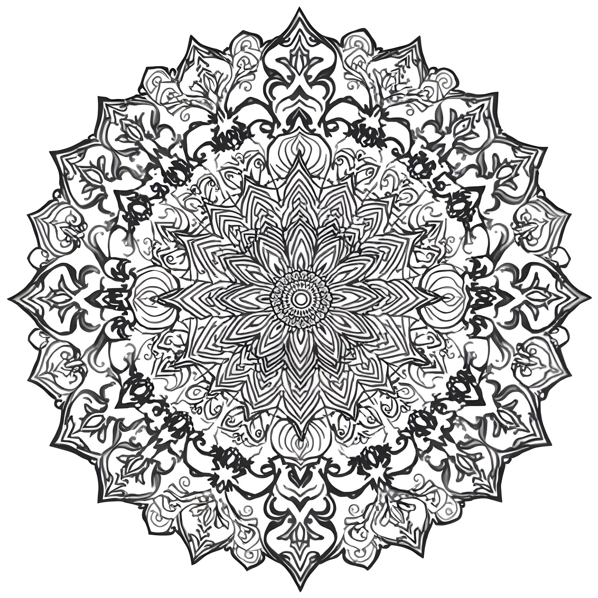 Mandala with intricate floral patterns and symmetrical design Coloring Page (free black-and-white line drawing printable PDF for all, from beginners to advanced learners, including children, teens, adults, and seniors)