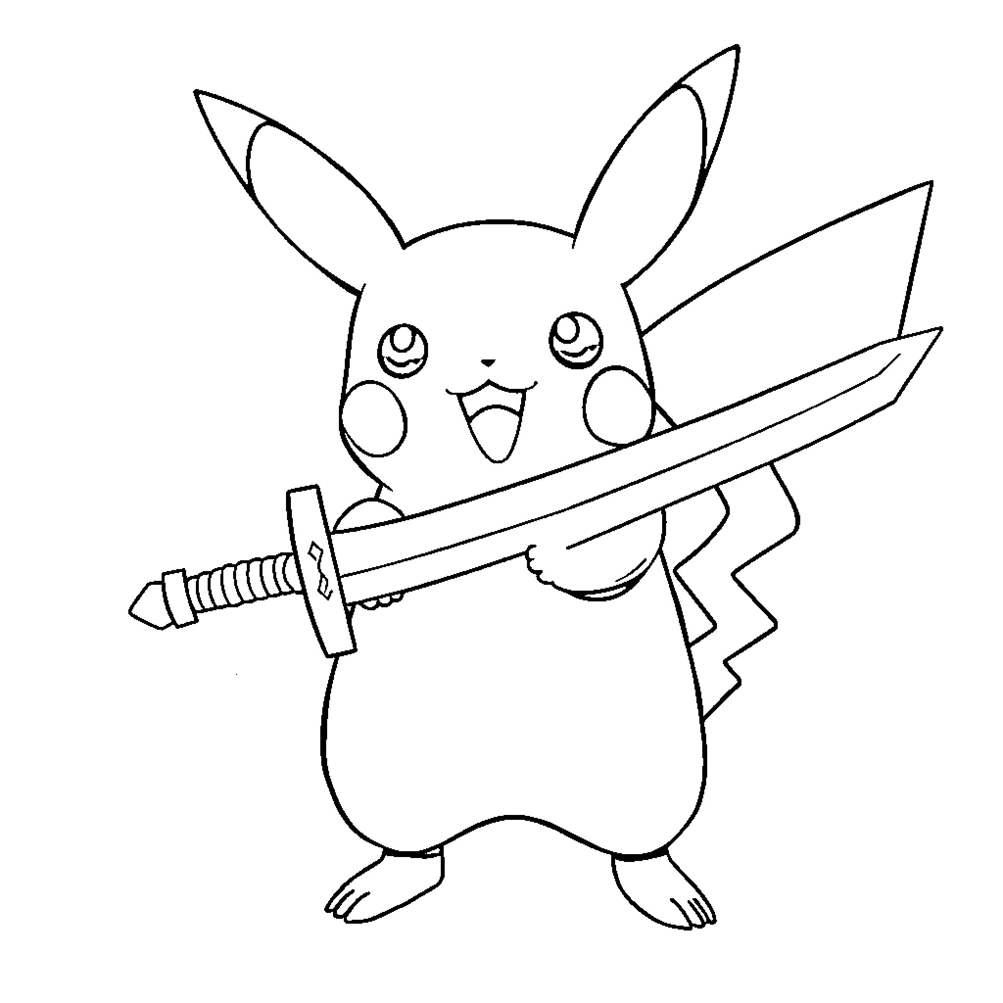Pikachu wielding a sword Coloring Page (free black-and-white line drawing printable PDF for all, from beginners to advanced learners, including children, teens, adults, and seniors)