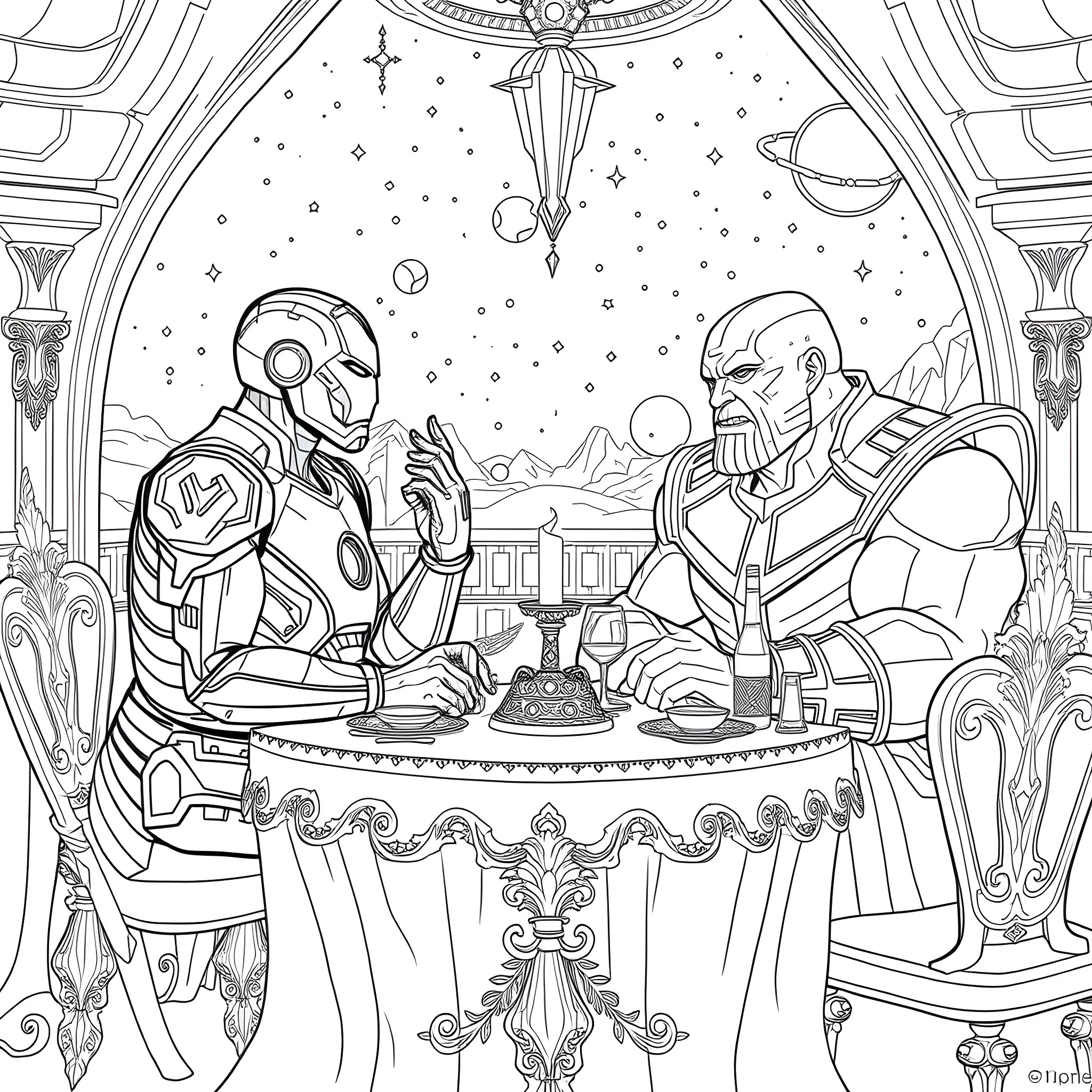 Iron Man and Thanos in a cosmic cosmic showdown Coloring Page (free black-and-white line drawing printable PDF for all, from beginners to advanced learners, including children, teens, adults, and seniors)