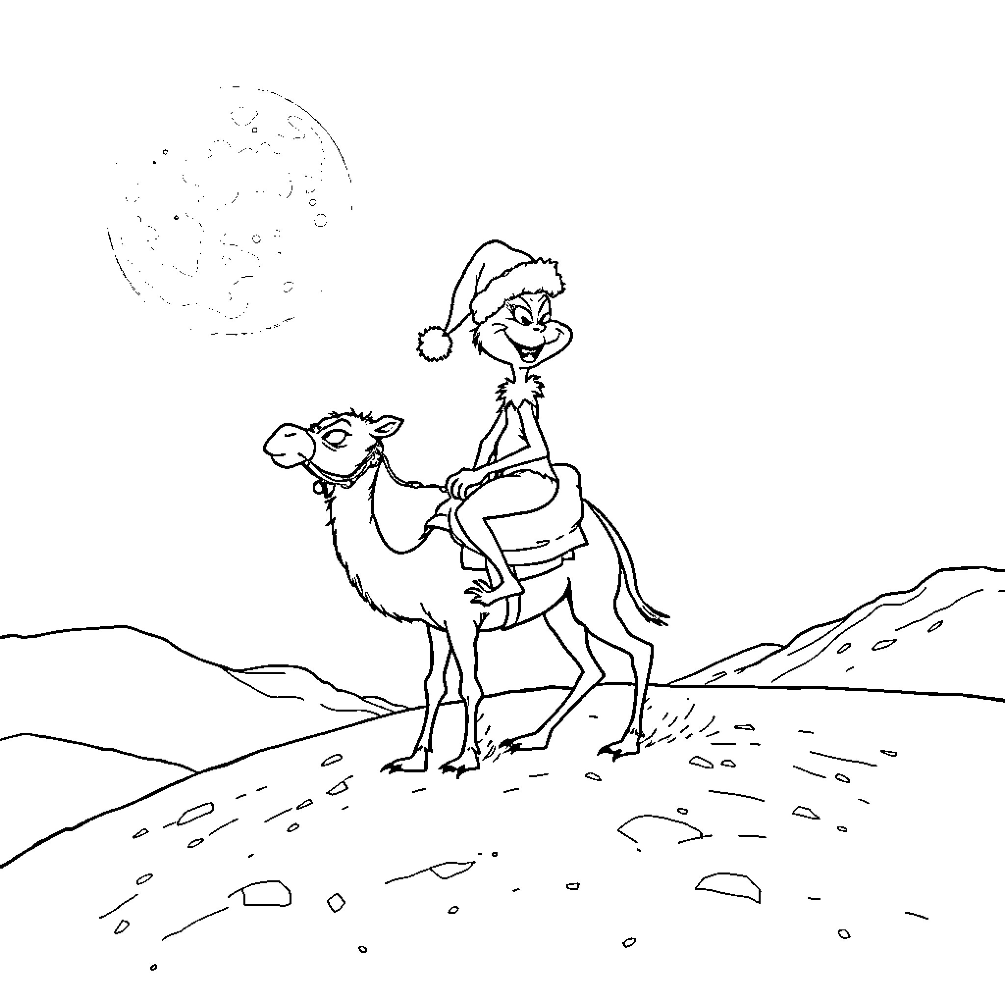 Grinch riding a camel through the desert Coloring Page (free black-and-white line drawing printable PDF for all, from beginners to advanced learners, including children, teens, adults, and seniors)