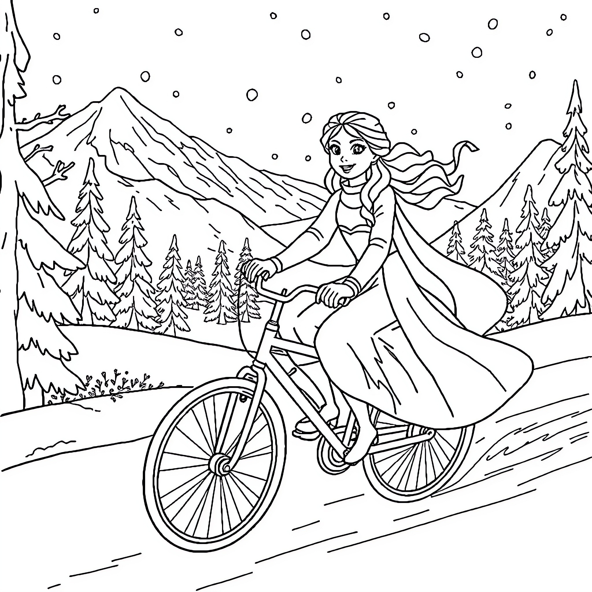 Queen riding a bicycle through snowy landscape Coloring Page (free black-and-white line drawing printable PDF for all, from beginners to advanced learners, including children, teens, adults, and seniors)
