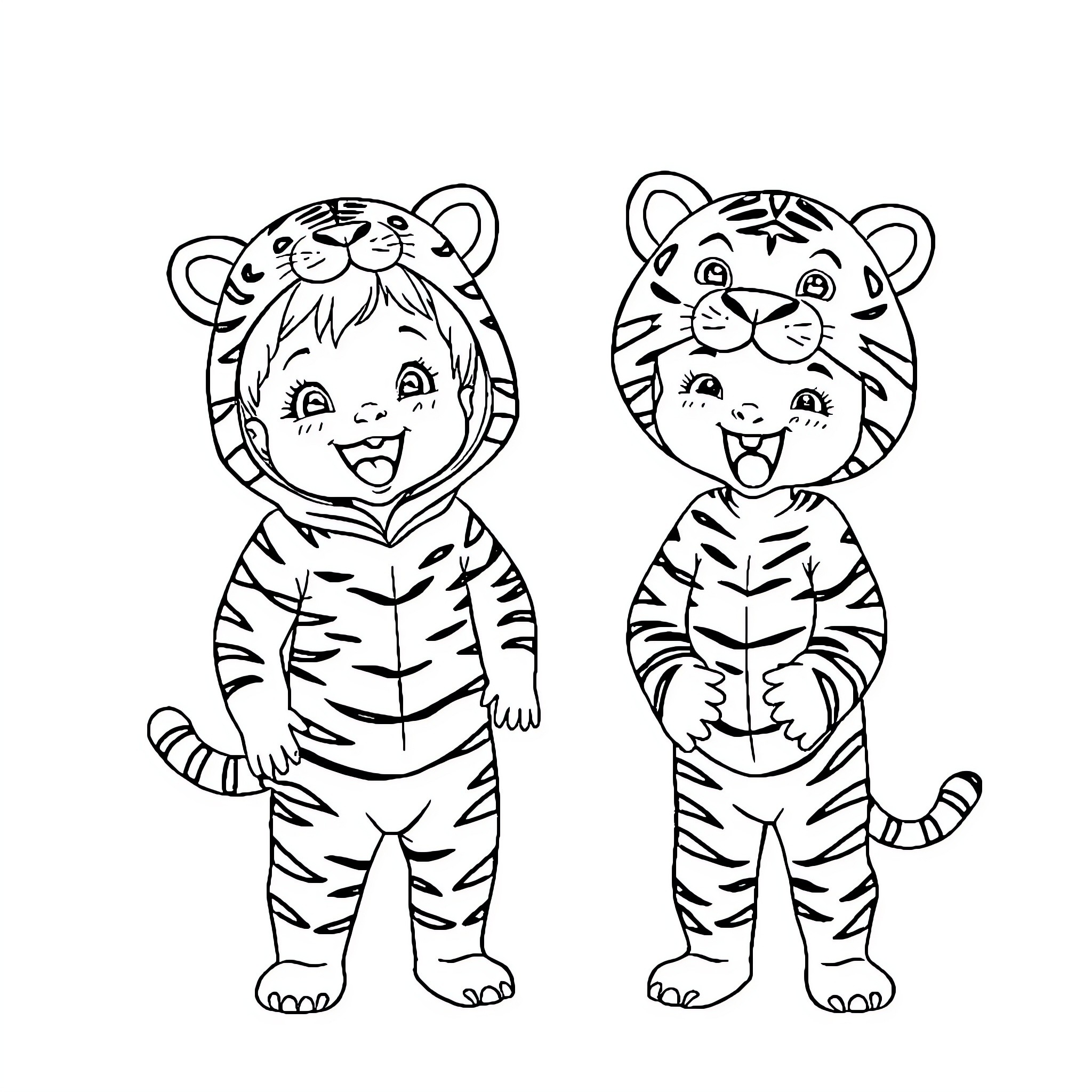 Tiger friends playing and smiling in costumes Coloring Page (free black-and-white line drawing printable PDF for all, from beginners to advanced learners, including children, teens, adults, and seniors)