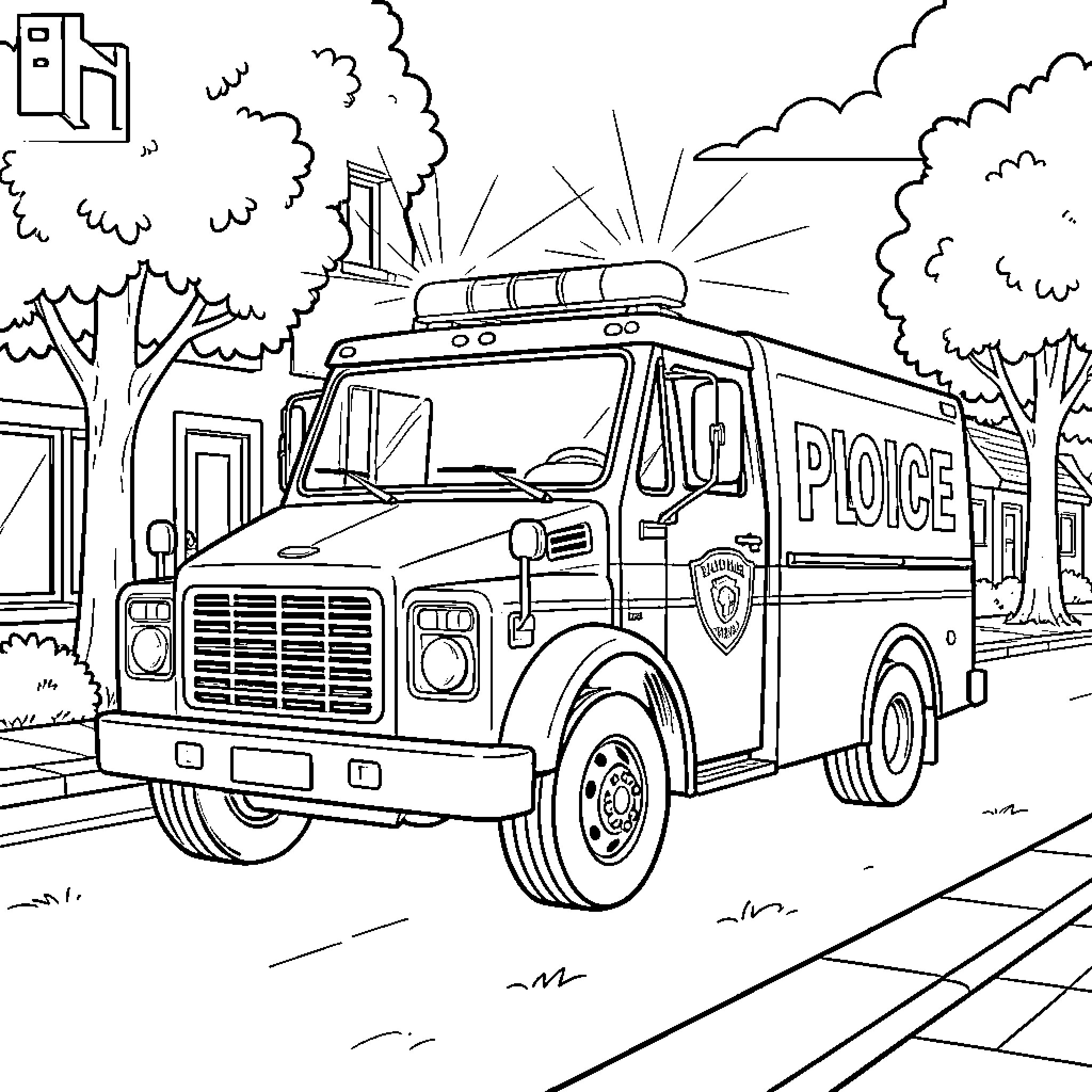 Police Truck driving along a quiet residential street Coloring Page (free black-and-white line drawing printable PDF for all, from beginners to advanced learners, including children, teens, adults, and seniors)