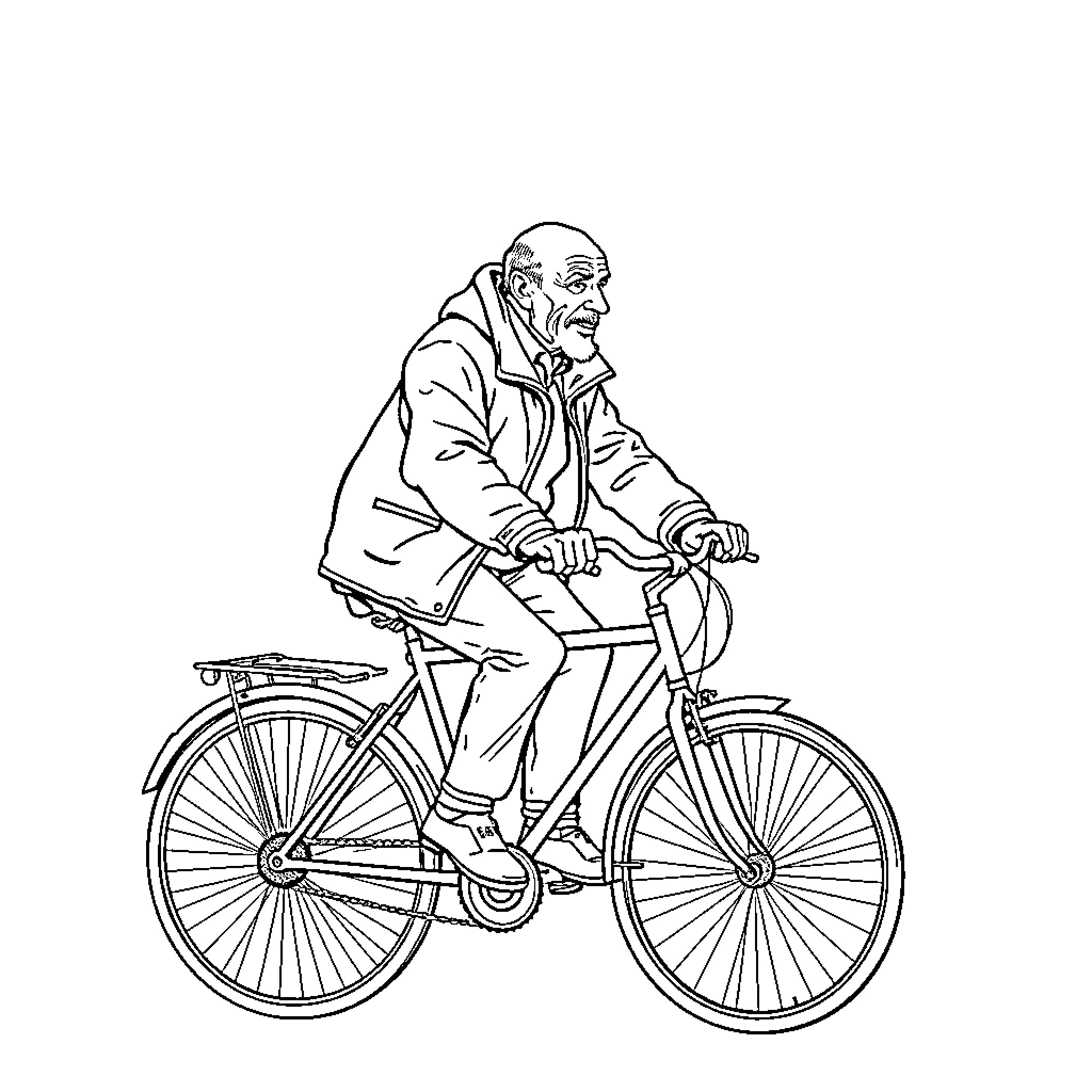 Man riding bicycle on city street Coloring Page (free black-and-white line drawing printable PDF for all, from beginners to advanced learners, including children, teens, adults, and seniors)