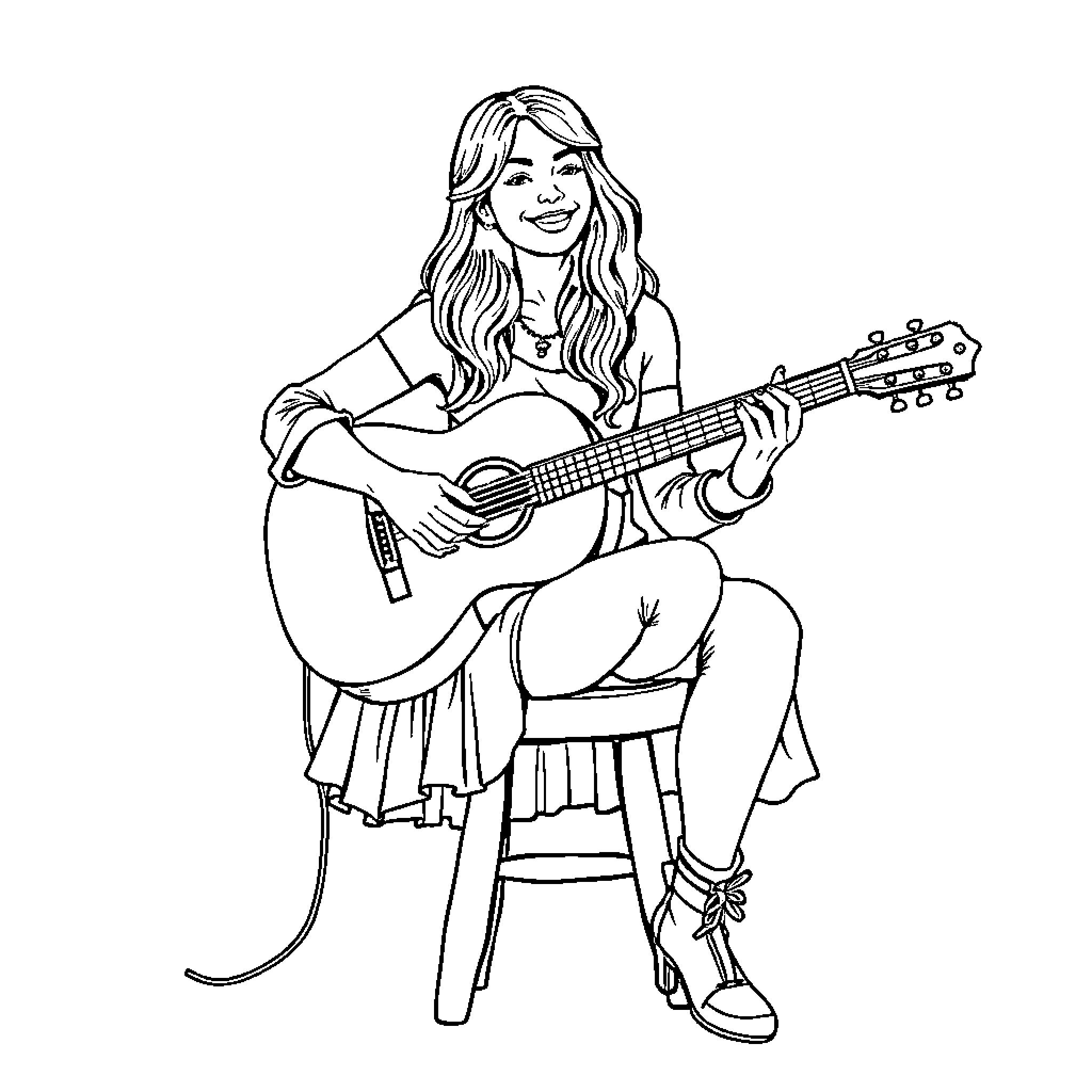 Mira Huntrix playing guitar with joy Coloring Page (free black-and-white line drawing printable PDF for all, from beginners to advanced learners, including children, teens, adults, and seniors)