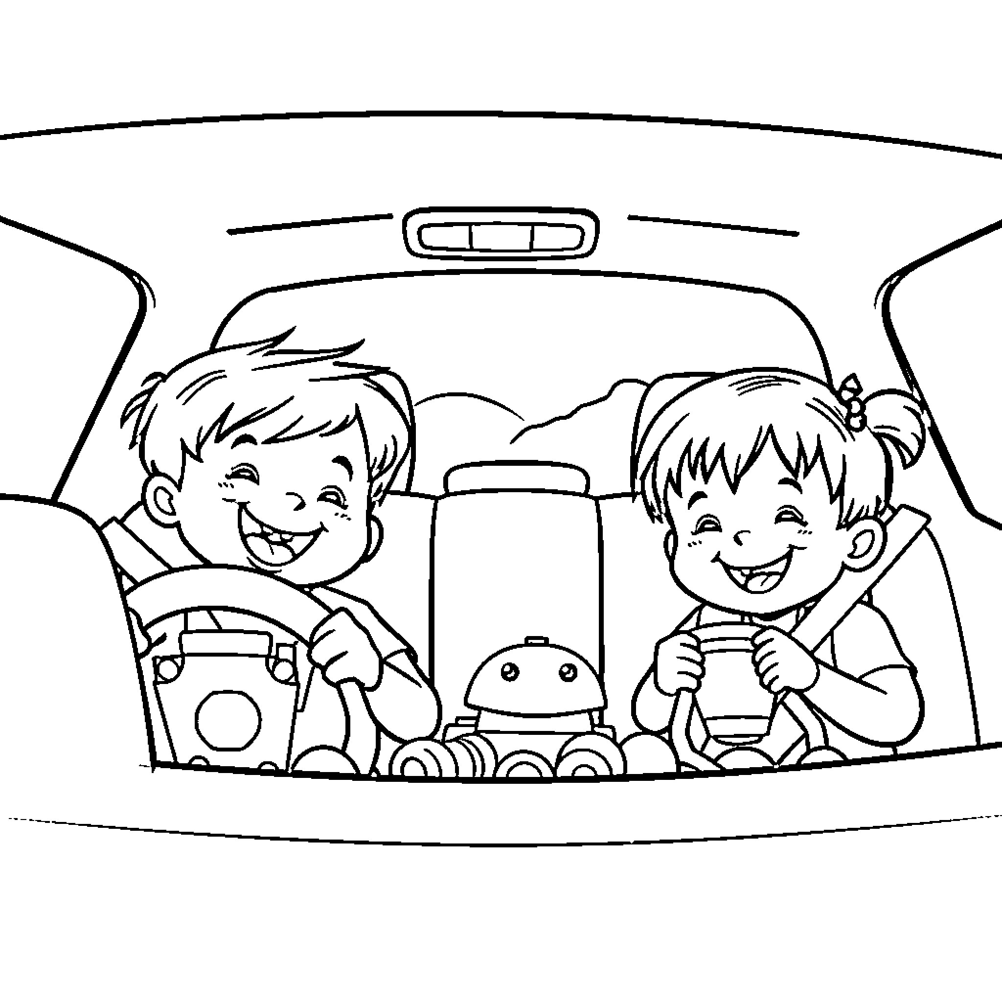 Child riding in car with friend and toy Coloring Page (free black-and-white line drawing printable PDF for all, from beginners to advanced learners, including children, teens, adults, and seniors)