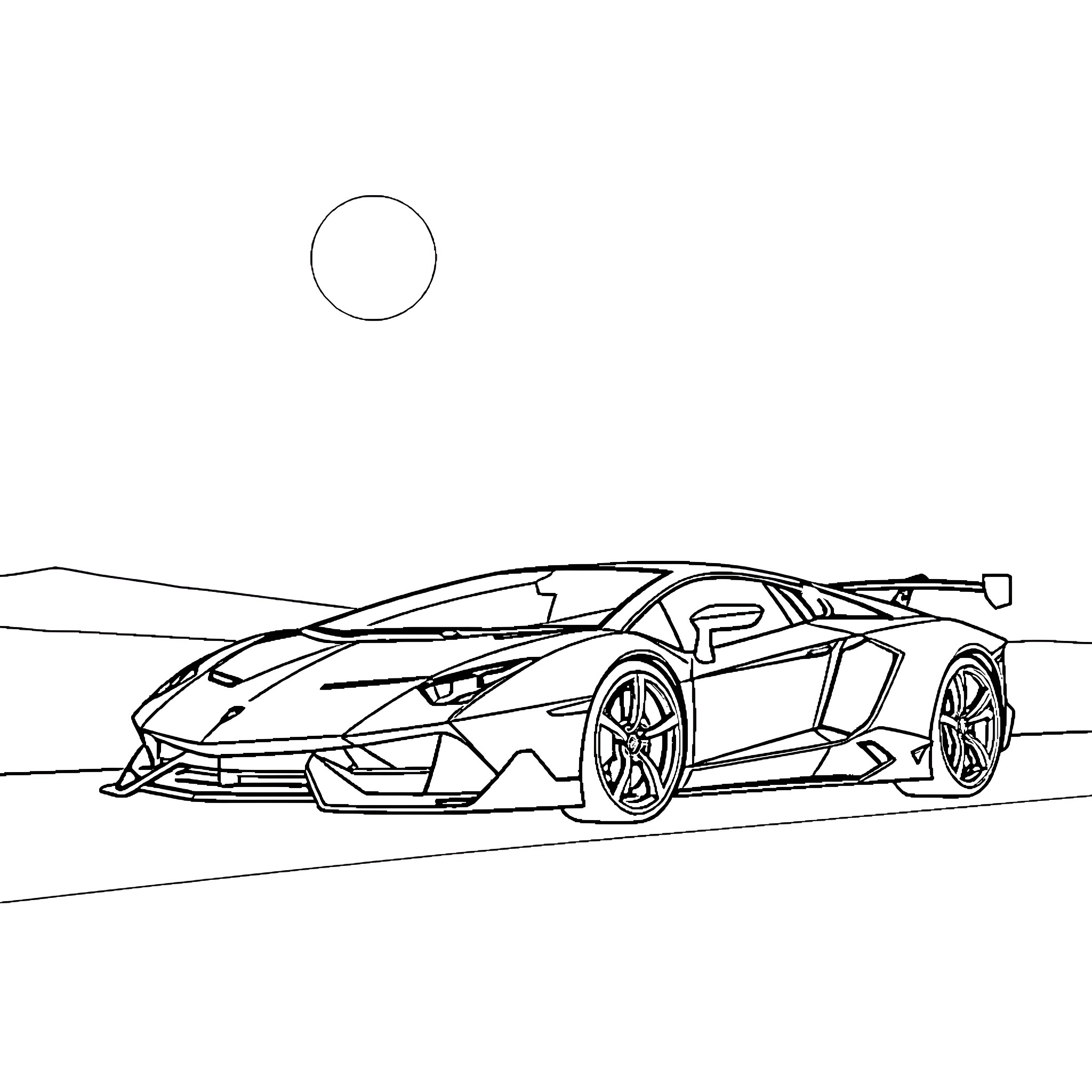 Lamborghini supercar in action on the road Coloring Page (free black-and-white line drawing printable PDF for all, from beginners to advanced learners, including children, teens, adults, and seniors)