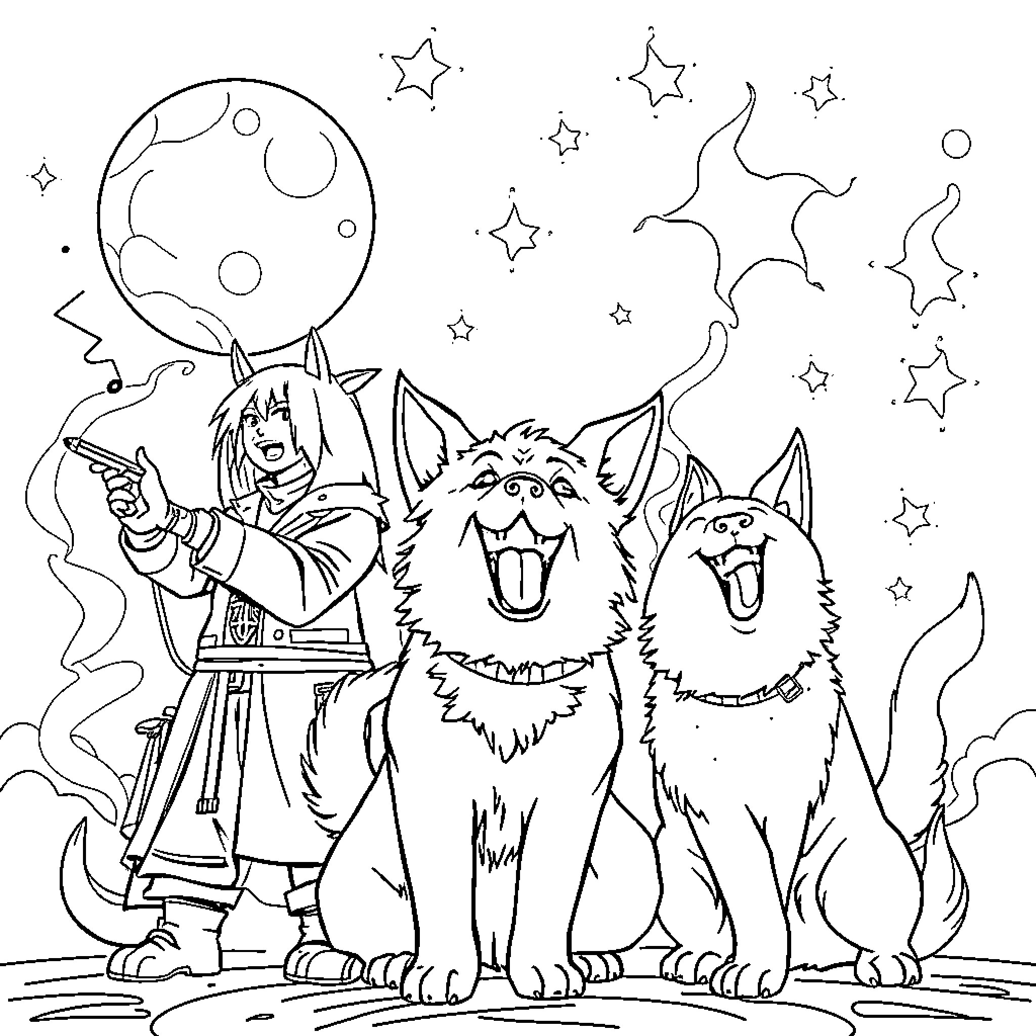 Demon Hunter and Mystical Canine Companions Coloring Page (free black-and-white line drawing printable PDF for all, from beginners to advanced learners, including children, teens, adults, and seniors)