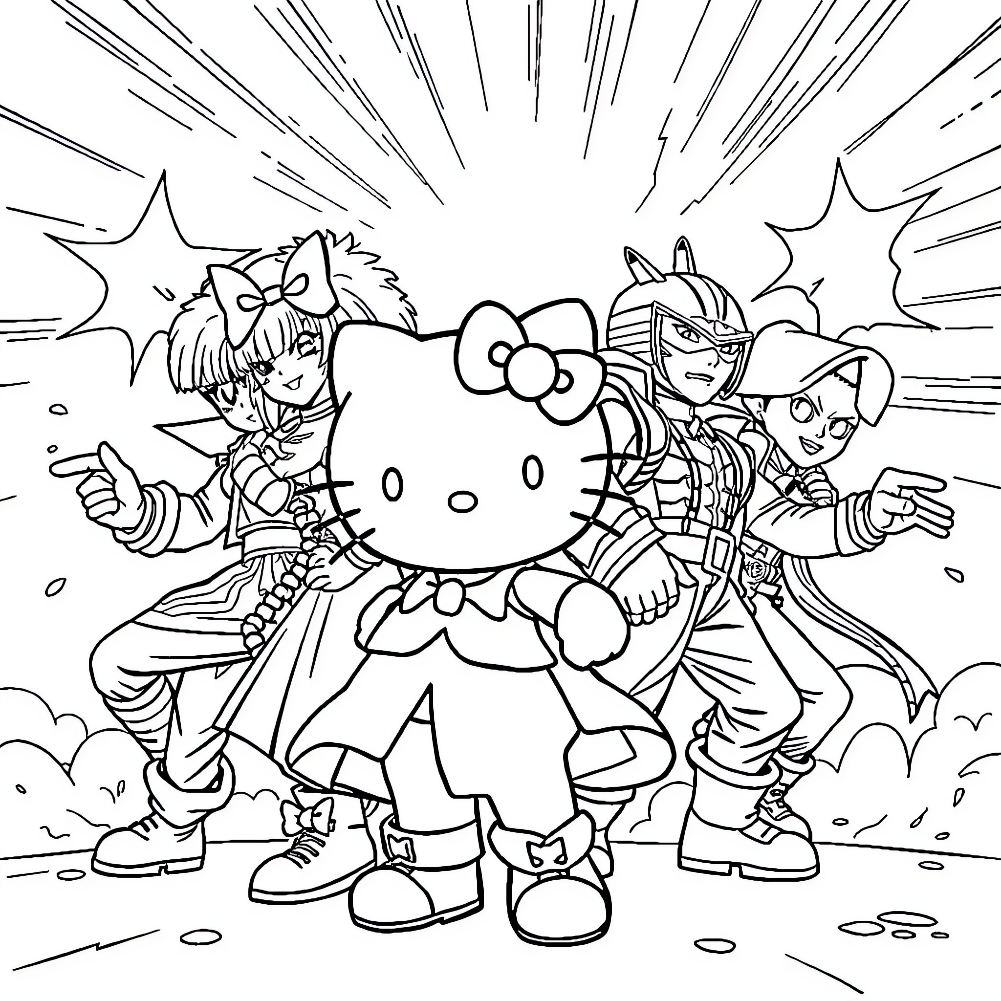 Hello Kitty and Friends Embark on an Adventure Coloring Page (free black-and-white line drawing printable PDF for all, from beginners to advanced learners, including children, teens, adults, and seniors)