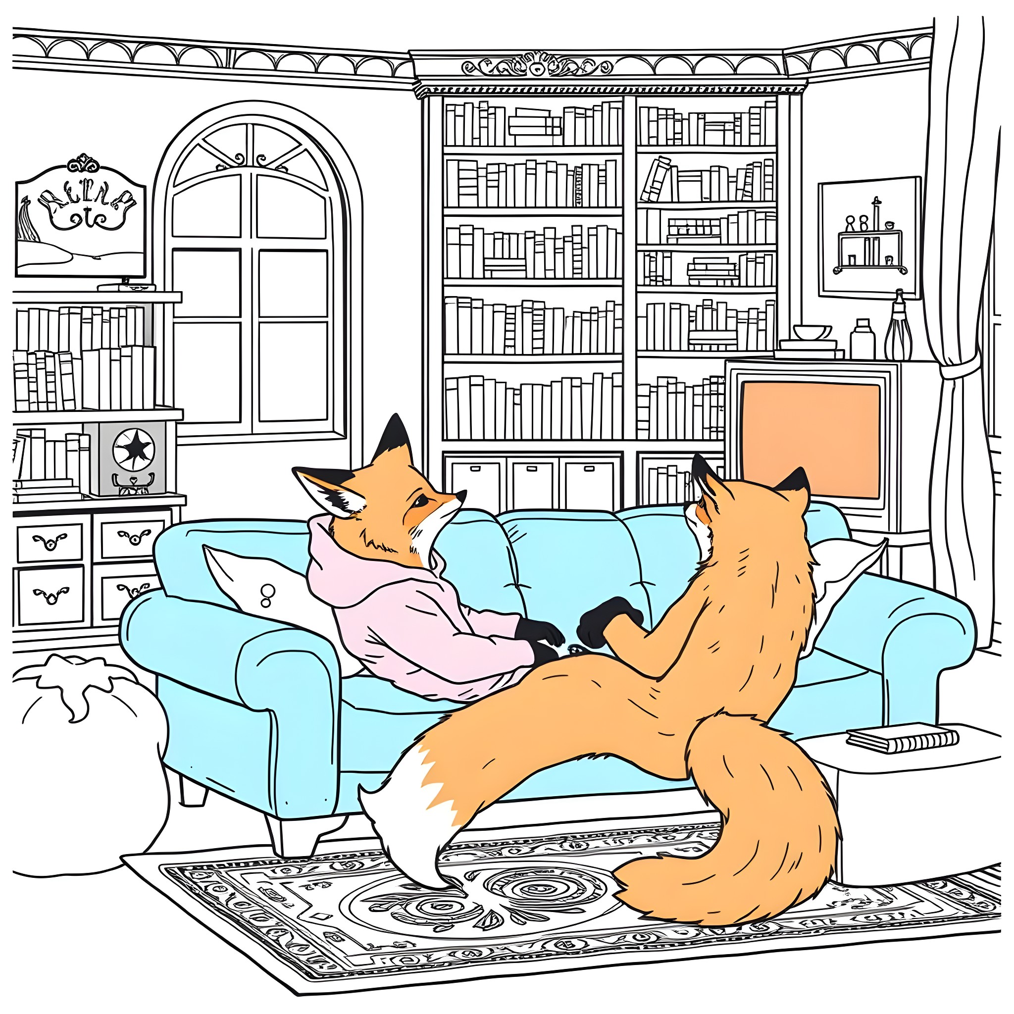 Foxes relaxing on a cozy couch in a cozy library Coloring Page (free black-and-white line drawing printable PDF for all, from beginners to advanced learners, including children, teens, adults, and seniors)