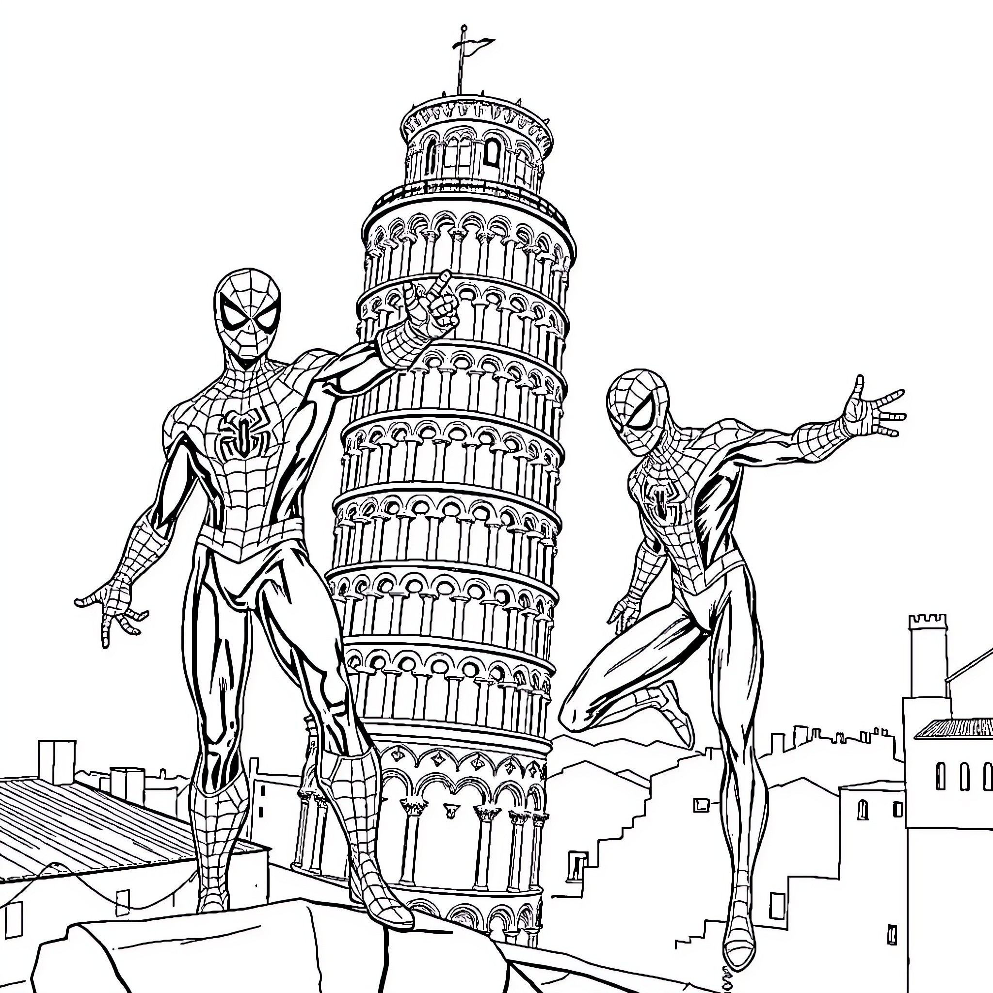 Spiderman heroes leaping over Pisa's iconic tower Coloring Page (free black-and-white line drawing printable PDF for all, from beginners to advanced learners, including children, teens, adults, and seniors)