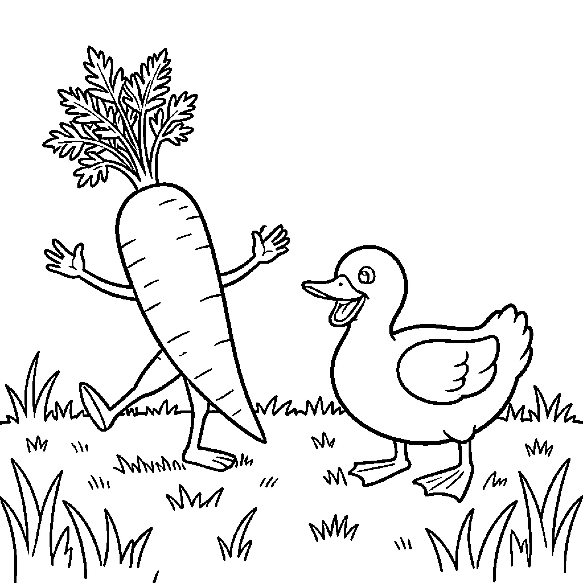 Carrot and duck playing together in the garden Coloring Page (free black-and-white line drawing printable PDF for all, from beginners to advanced learners, including children, teens, adults, and seniors)