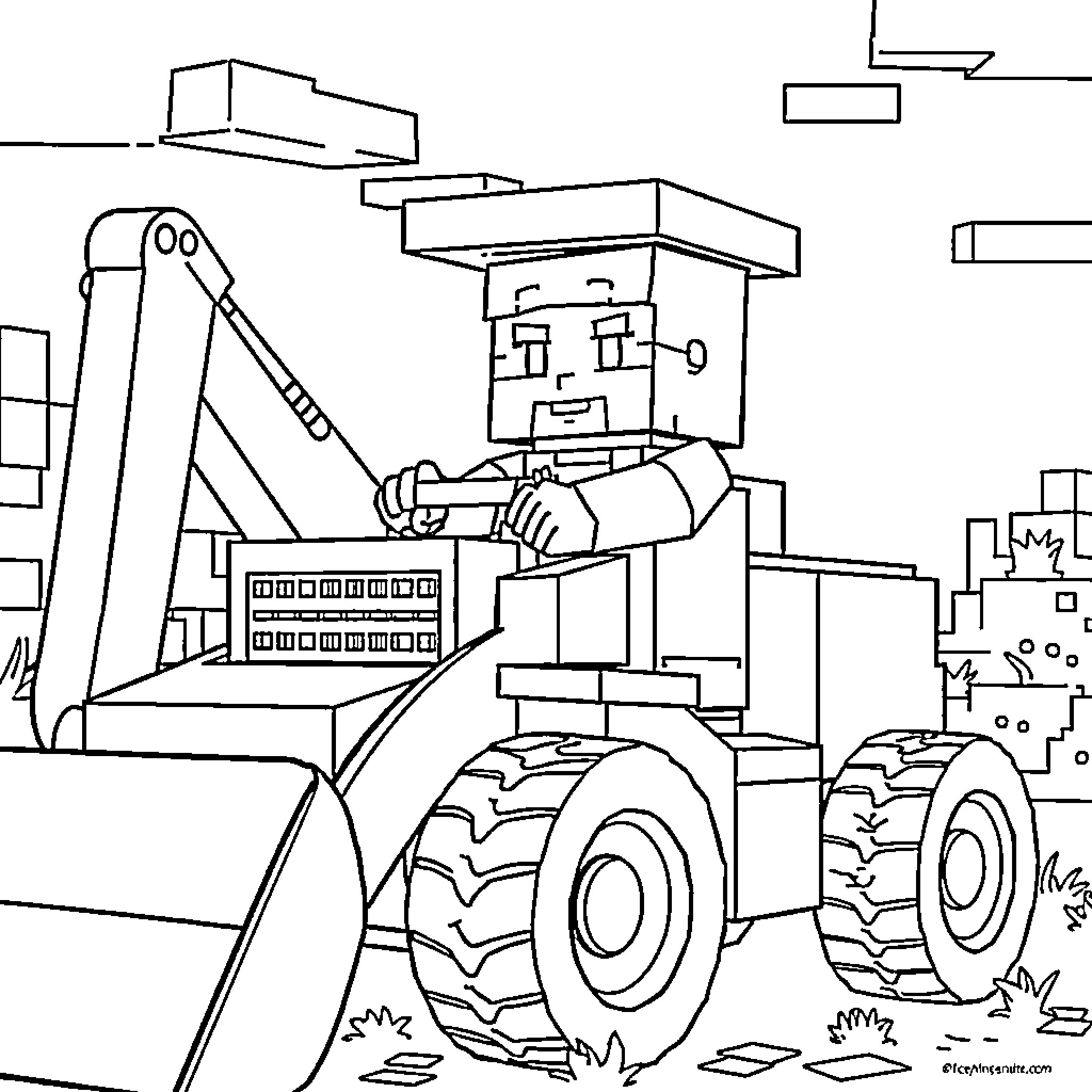 Steve driving heavy machinery on the construction site Coloring Page (free black-and-white line drawing printable PDF for all, from beginners to advanced learners, including children, teens, adults, and seniors)
