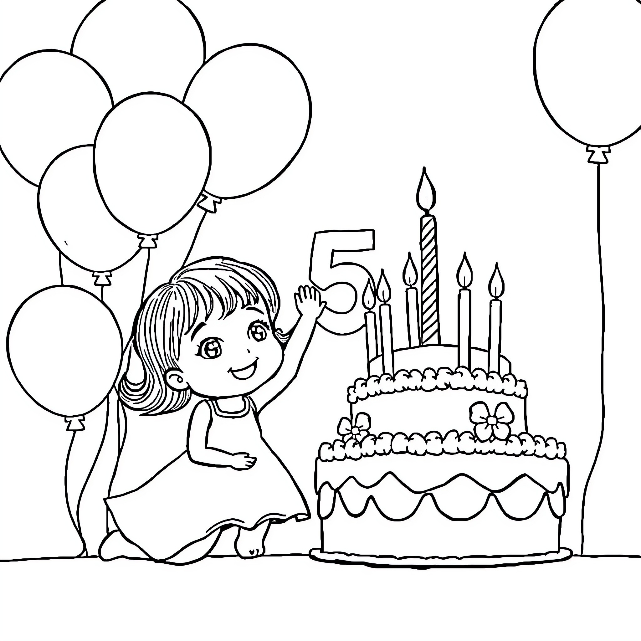 Ellie's Birthday Celebration with Cake and Balloons Coloring Page (free black-and-white line drawing printable PDF for all, from beginners to advanced learners, including children, teens, adults, and seniors)