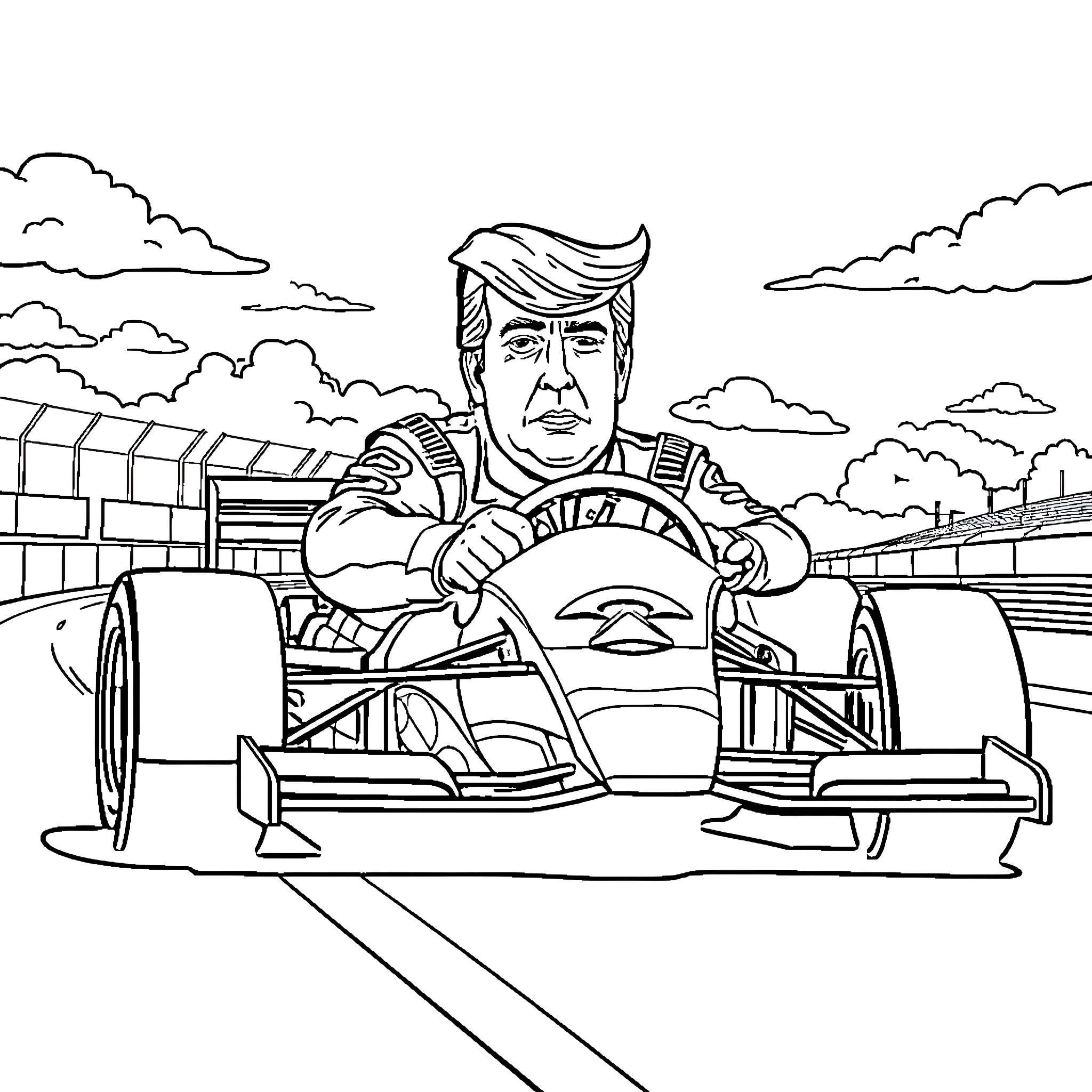 Donald Trump Racing a Formula One Car Coloring Page (free black-and-white line drawing printable PDF for all, from beginners to advanced learners, including children, teens, adults, and seniors)