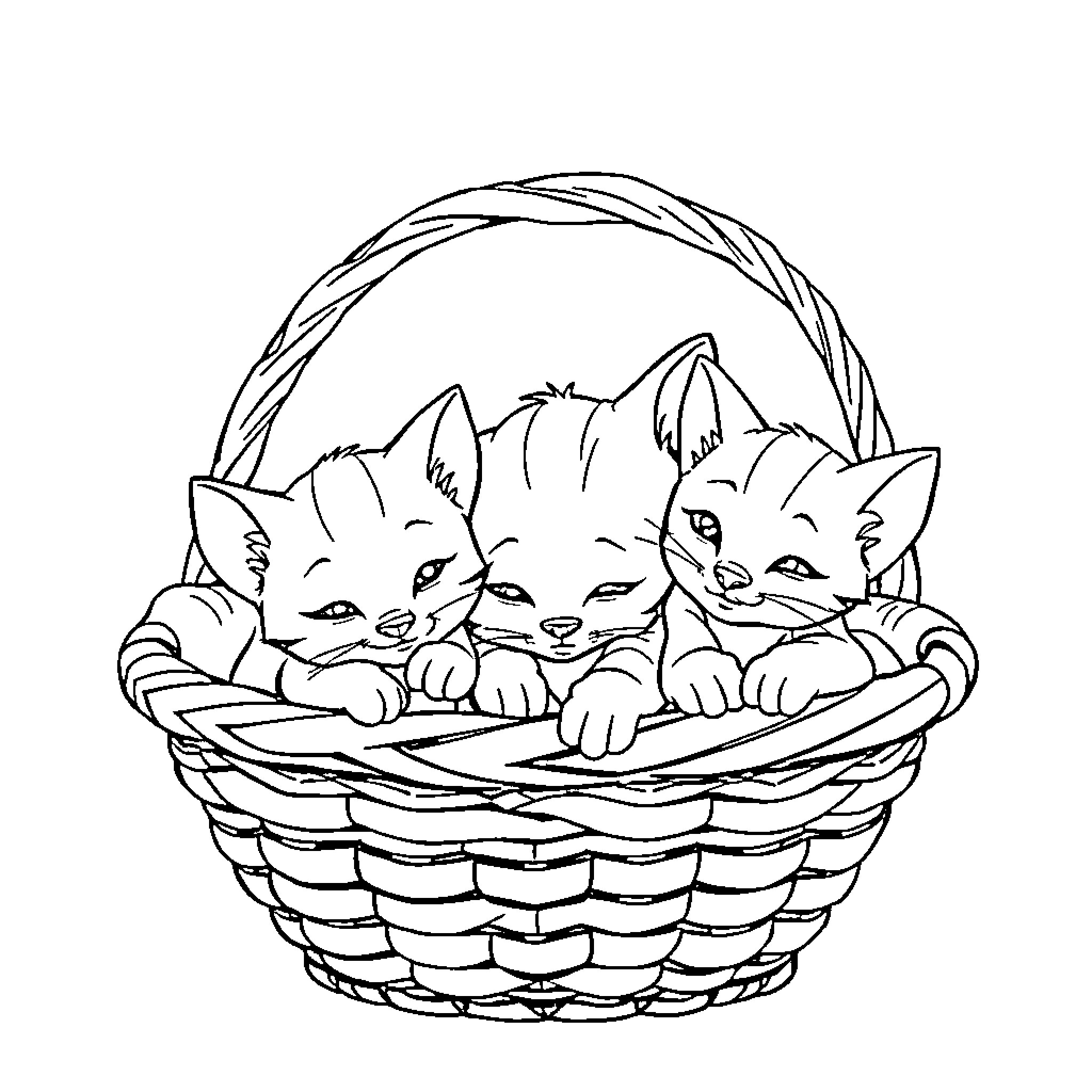 Aristocat kittens nestled cozily in a wicker basket Coloring Page (free black-and-white line drawing printable PDF for all, from beginners to advanced learners, including children, teens, adults, and seniors)