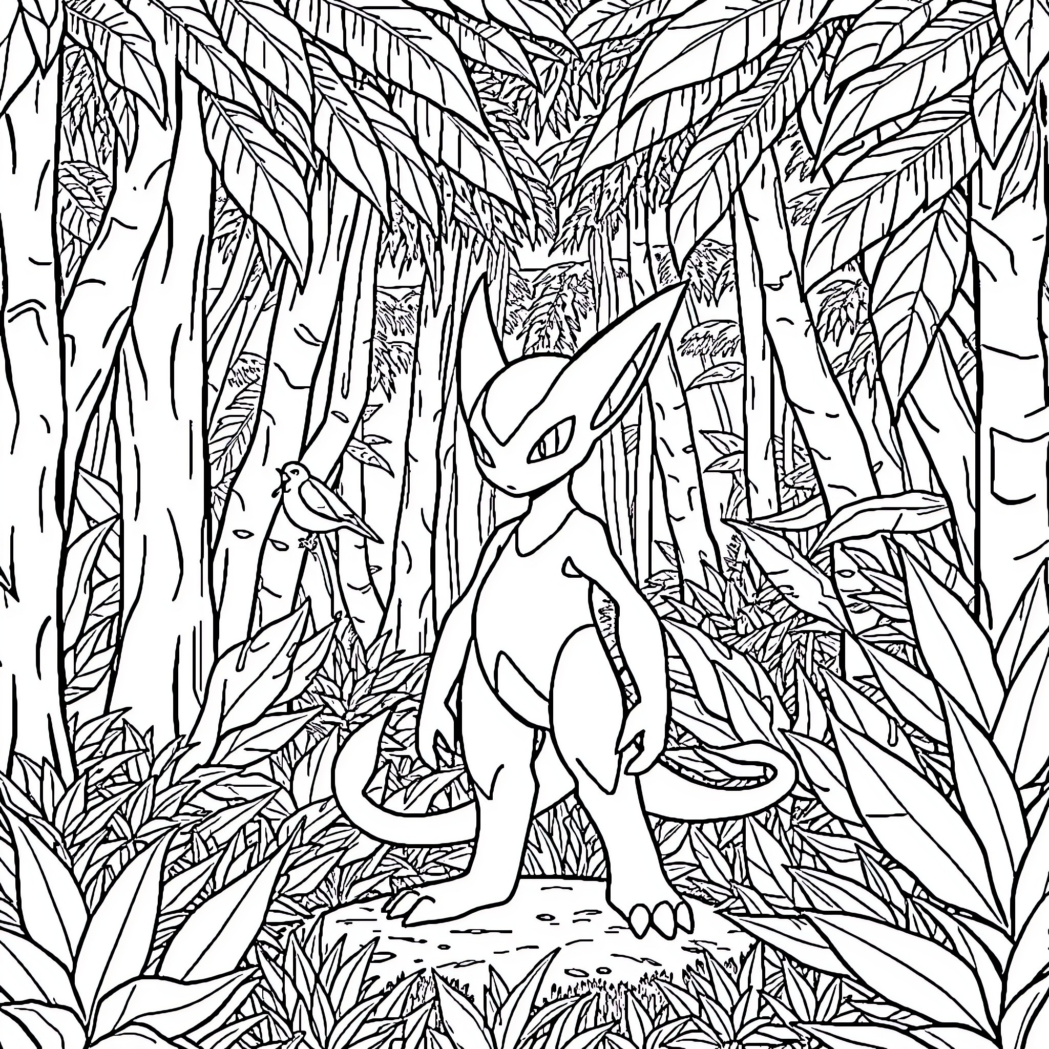 Mewtwo exploring the lush jungle landscape Coloring Page (free black-and-white line drawing printable PDF for all, from beginners to advanced learners, including children, teens, adults, and seniors)