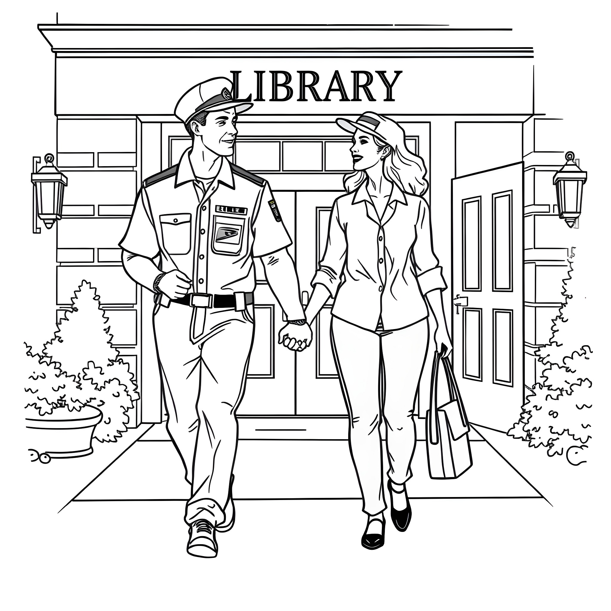 Husband and Wife Visiting the Library Coloring Page (free black-and-white line drawing printable PDF for all, from beginners to advanced learners, including children, teens, adults, and seniors)