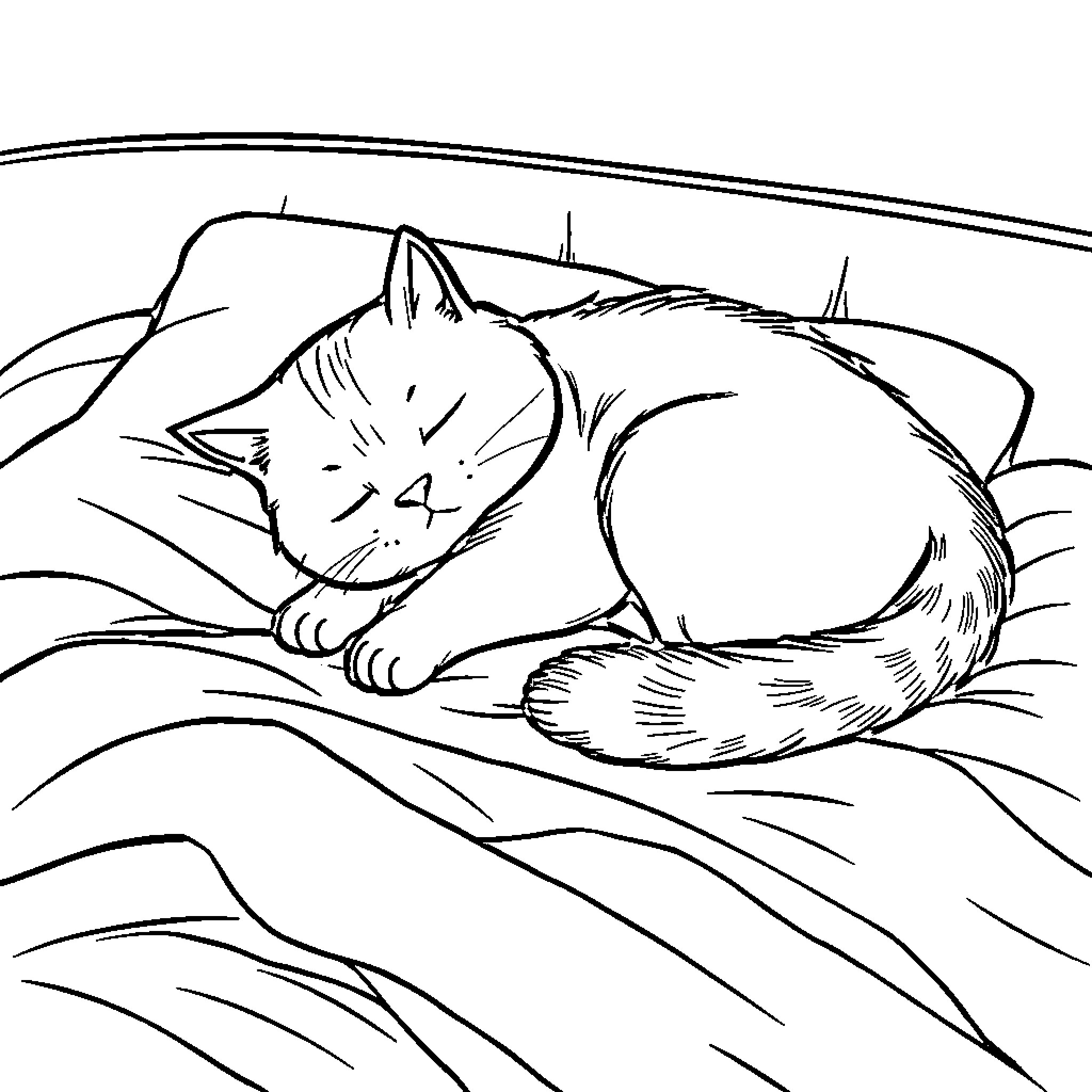 Cat sleeping soundly in the field Coloring Page (free black-and-white line drawing printable PDF for all, from beginners to advanced learners, including children, teens, adults, and seniors)