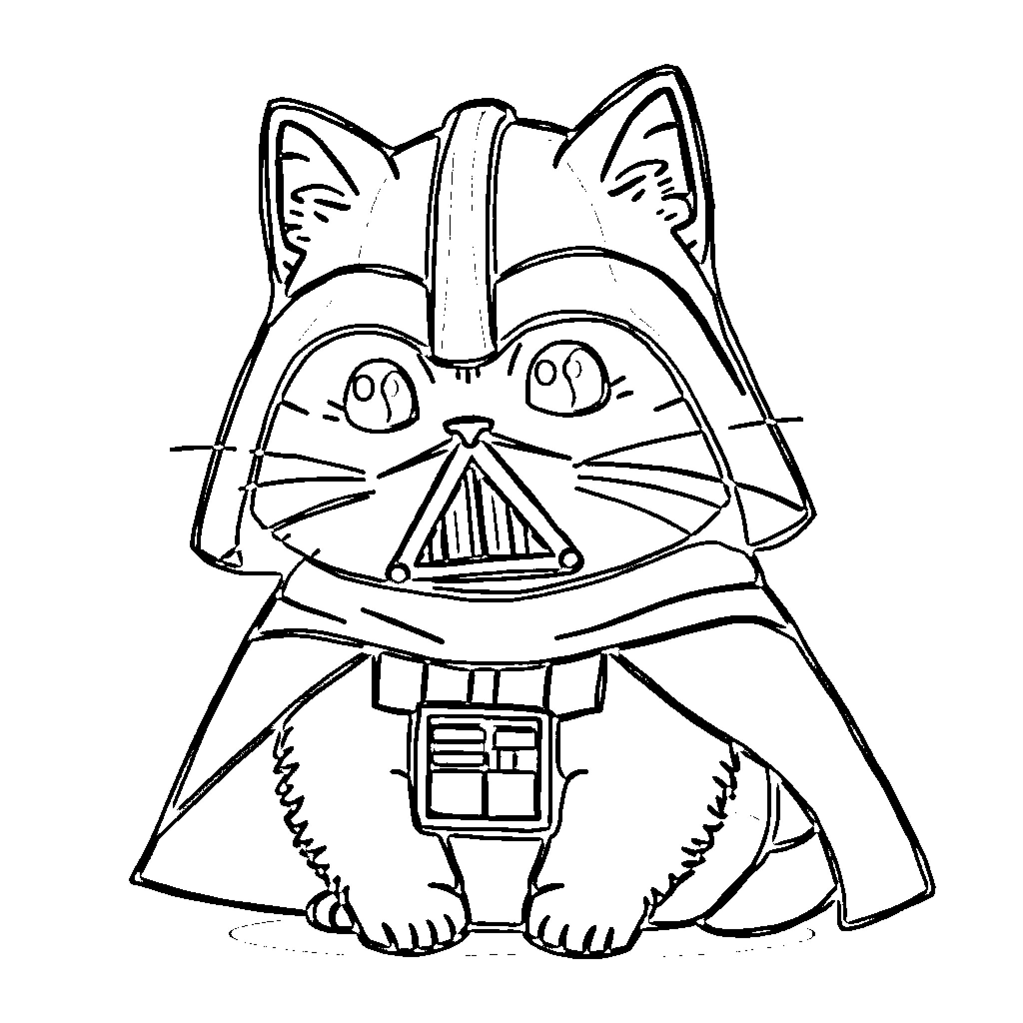 Darth Vader cat in black and white Coloring Page (free black-and-white line drawing printable PDF for all, from beginners to advanced learners, including children, teens, adults, and seniors)